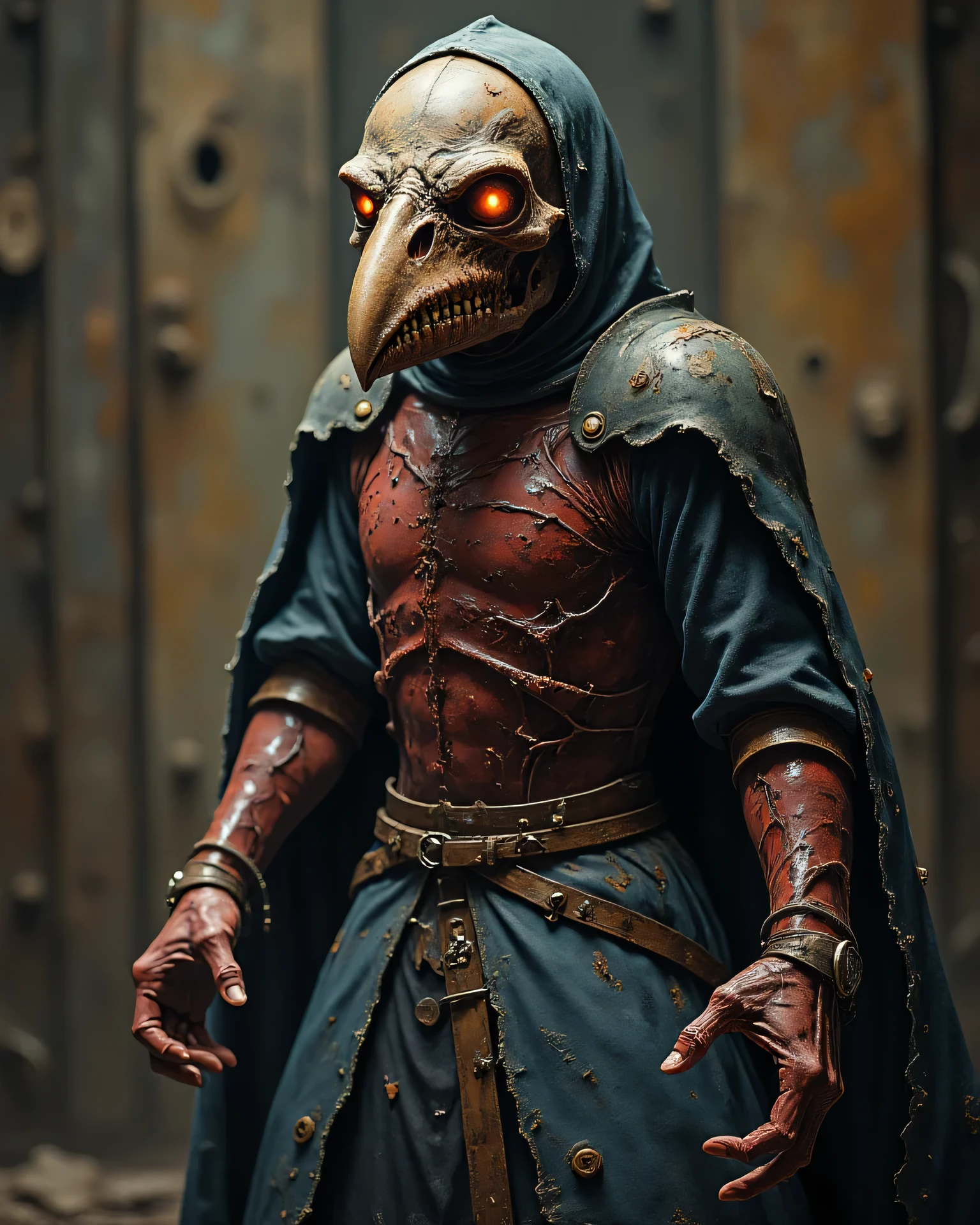 "Hyper-realistic photography of a grotesque, monstrous figure dressed in a twisted, gory version of a plague doctor's outfit. The beak-like mask displays extremely realistic deformation details, with raw flesh textures, exposed sutures, and viscous fluids glistening under eerie lighting. The long, tattered, blood-stained coat reveals monstrous body parts with protruding bones and decaying skin, all rendered in photorealistic detail. The figure strikes a menacing pose, with sharp claws and a look of intense madness, captured with astonishing clarity. The background is an abstract depiction of rustic wood, but with hyper-realistic nightmarish elements such as twisted shapes, dark colors, and organic textures suggesting flesh and bone, all lit in a way that enhances the eerie atmosphere. The lighting is dark and dramatic, with dim lights and deep shadows creating a sense of visceral horror and revulsion. ((The overall composition seeks to impact the viewer with extreme realism, combining the iconography of the plague doctor with elements of nightmare and monstrosity in a hyperrealistic and spooky photographic style))."