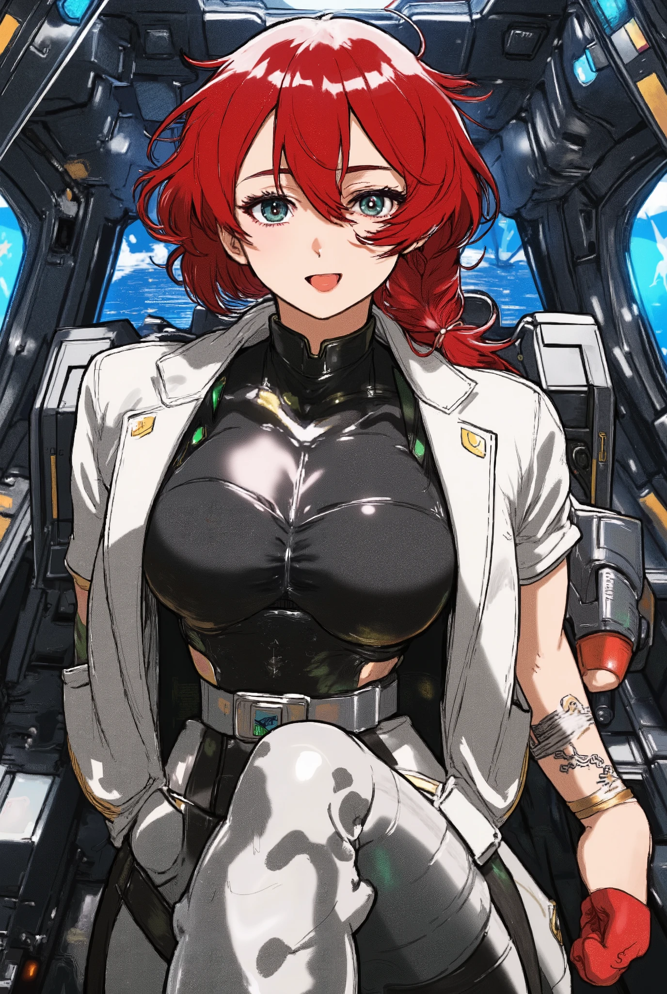 Red curly bangs that go down above the eyebrows, Kuratanaru is braided, There is no back head, sleeveless black glossy bodysuit, I'm not wearing underwear, White short sleeve jacket with open zipper,  Gundam Pilot,  turquoise eyes , 20 year old girl, small head,  small boobs, small eyes, calm eyes,  dark eyebrows ,  naive and smiling, cockpit,  The drawing angle is viewed obliquely from bottom to top, cockpit에 앉아 몸을 앞으로 기울이고, Looking at the enemy outside the picture frame , Push the arm holding the cockpit forward,  Mobile Suit Gundam The Witch of Mercury