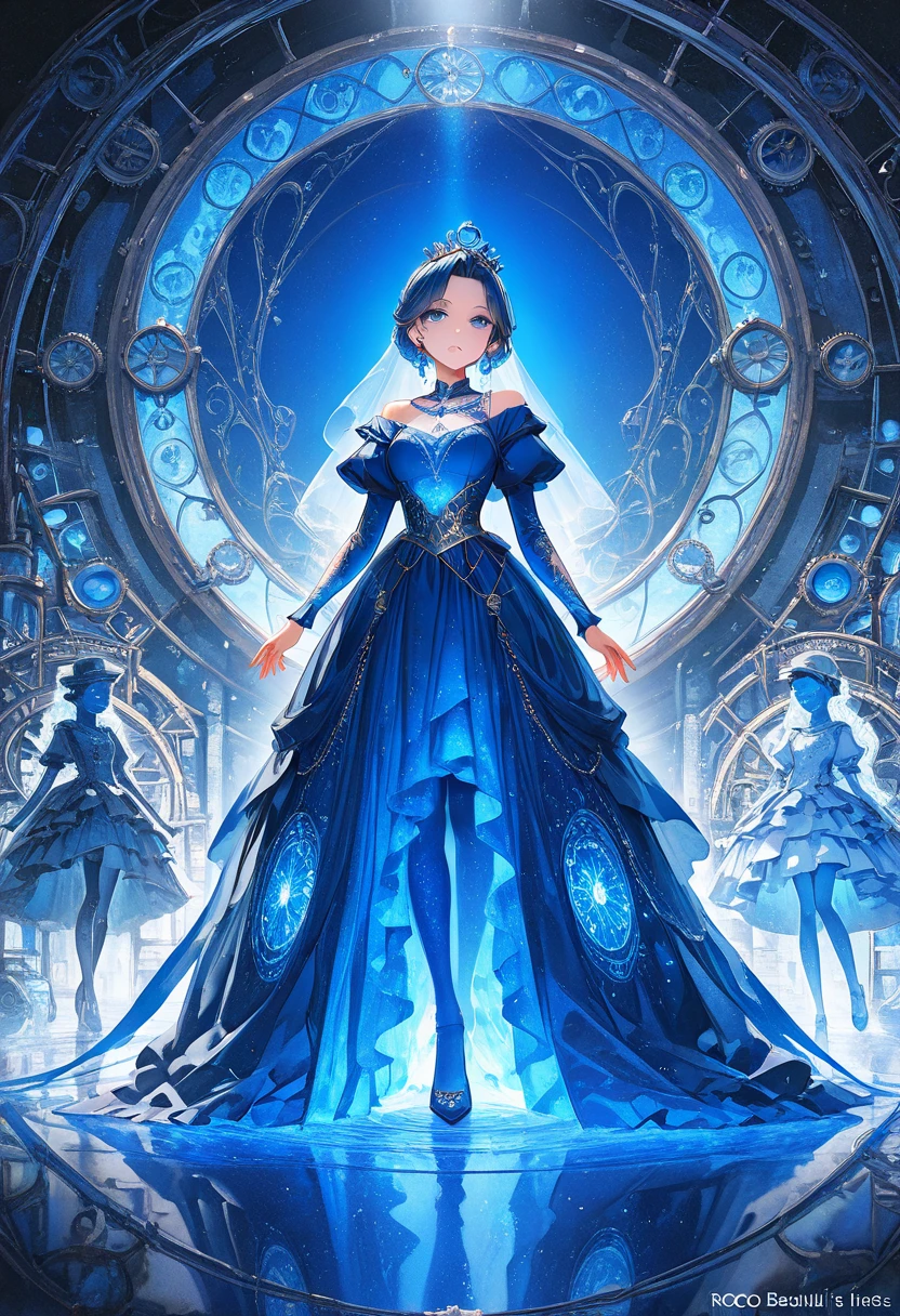 A world where everything is blue, blue color filter effect, a beautiful woman dressed in a dress and behaving gracefully and elegantly, Rococo dress, Rococo worldview, wonderland, various effects. 
fusion of clockpunk, steampunk and dieselpunk. 
fusion of watercolor, acrylic and collage, conceptual installation art, extremely delicate depiction, extremely clear image, bold and dynamic, contrasts of light and shadow, ultra detailed, absolutely resolution, masterpiece