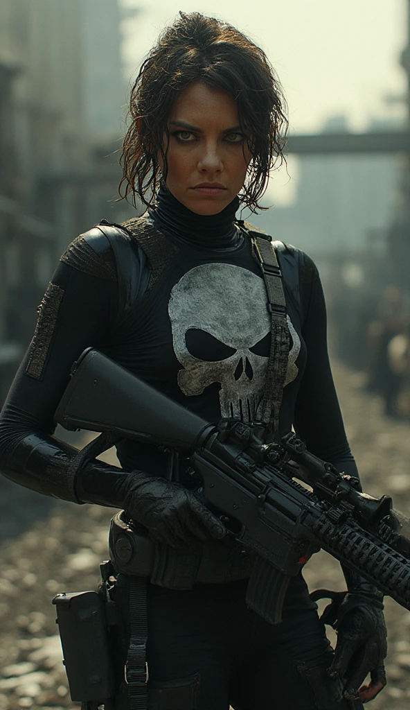 realistic, (ohwx), Lauren Cohan as Punisher, Punisher outfit, female Bulletproof vest, wet and sweaty hair, combed back,a few strands falling on her face, face painted black around the eyes, shoulderless crop top, women's bulletproof vest, gray spray-painted Punisher logo on the vest, slightly worn and worn, dirty, injured, wiem clothes, angry, revenge, dynamic pose, militarny Black trousers, militarny high shous, Black makeup around eyes, dark photo, dangerous and sexy, military knives, guns, automatic rifle, dark scenery and background, imersive background, raw photo, 8k, very detailed, cinematic