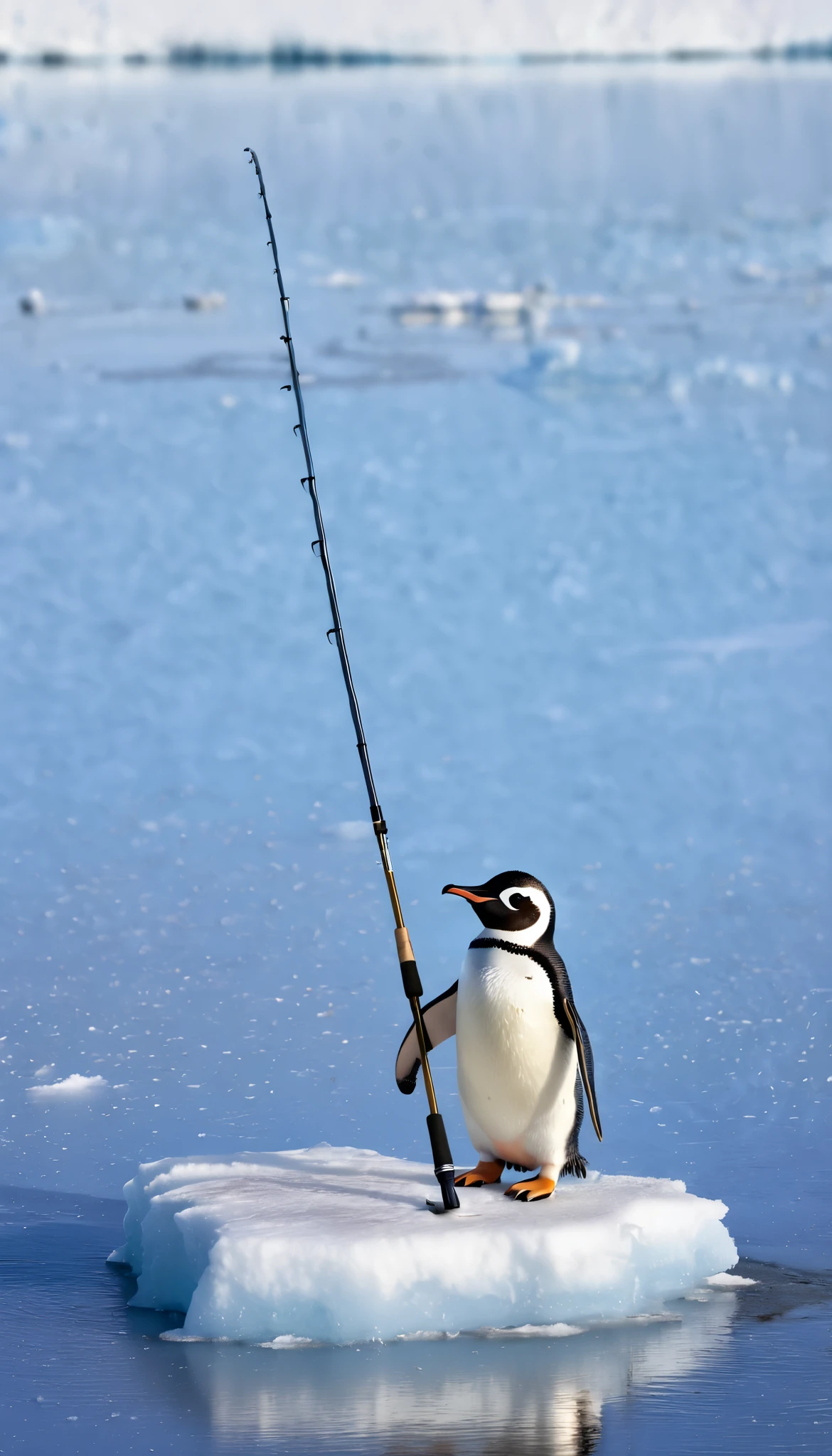 best quality, super high definition , (Photorealistic:1.4), RAW photo,A cute penguin sitting on an icy lake, next to a small hole in the ice, holding a fishing rod with a slightly awkward pose. The penguin looks relaxed and cheerful, as if humming a little tune, glancing curiously at the surroundings. The icy landscape is serene, with soft snow, gentle reflections on the ice, and a bright, clear sky, creating a peaceful and whimsical atmosphere, --with 9:16