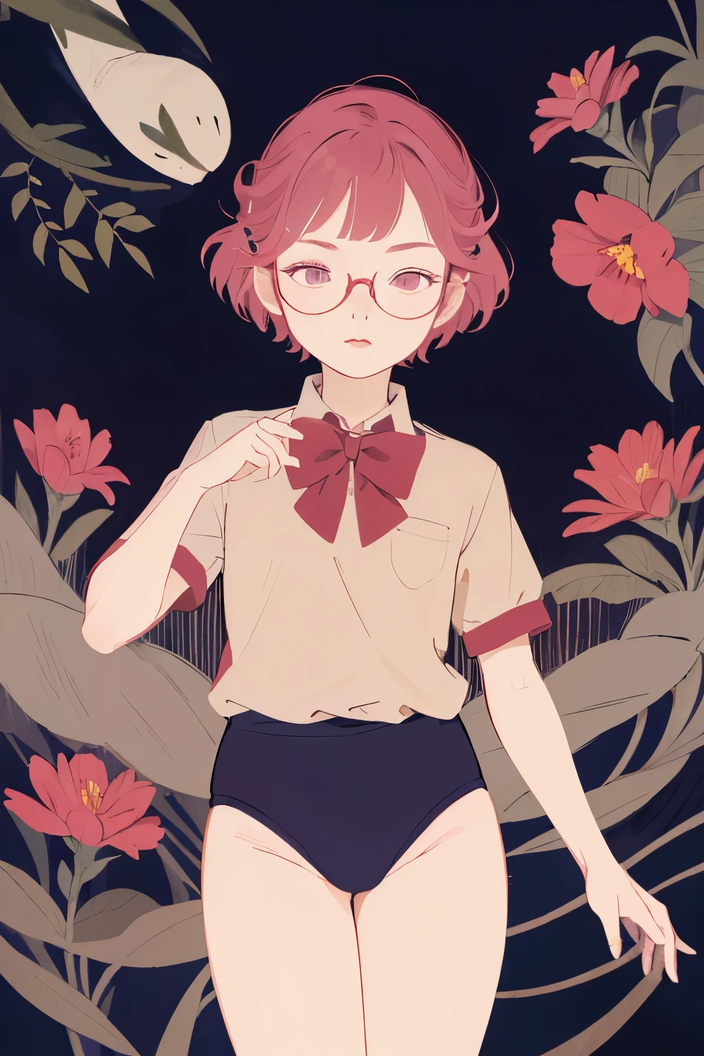 (masterpiece、top-quality、Official art:1.2)、(flat-colors:1.5)、(colourfull)、Look at viewers、1girl in、solo、white backgrounid、Colorful water levitation、(2D:1.5),A pink-haired, Platinum pink eyes、Red glasses with slightly thick frames, No bangs , Short bob hair、(age、)wearing a Black gymnastics bloomers, High leg、white blouse, cowboy shot、