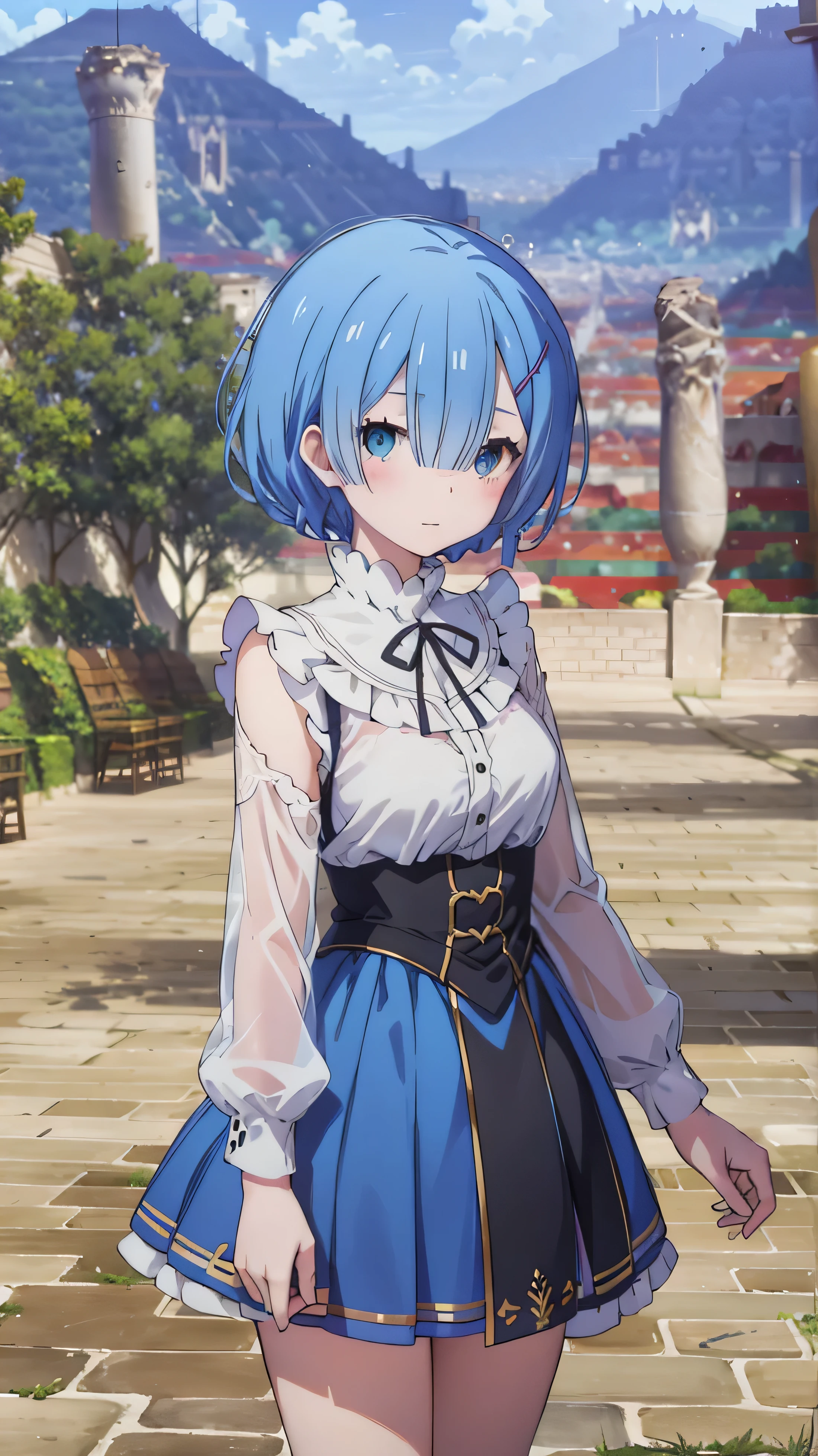  blue hair, eram \(era:Zero\), [to smile], Blush, castle,,  masterpiece,  best quality,  perfect lighting, 1 , skirt, medium beraasts,