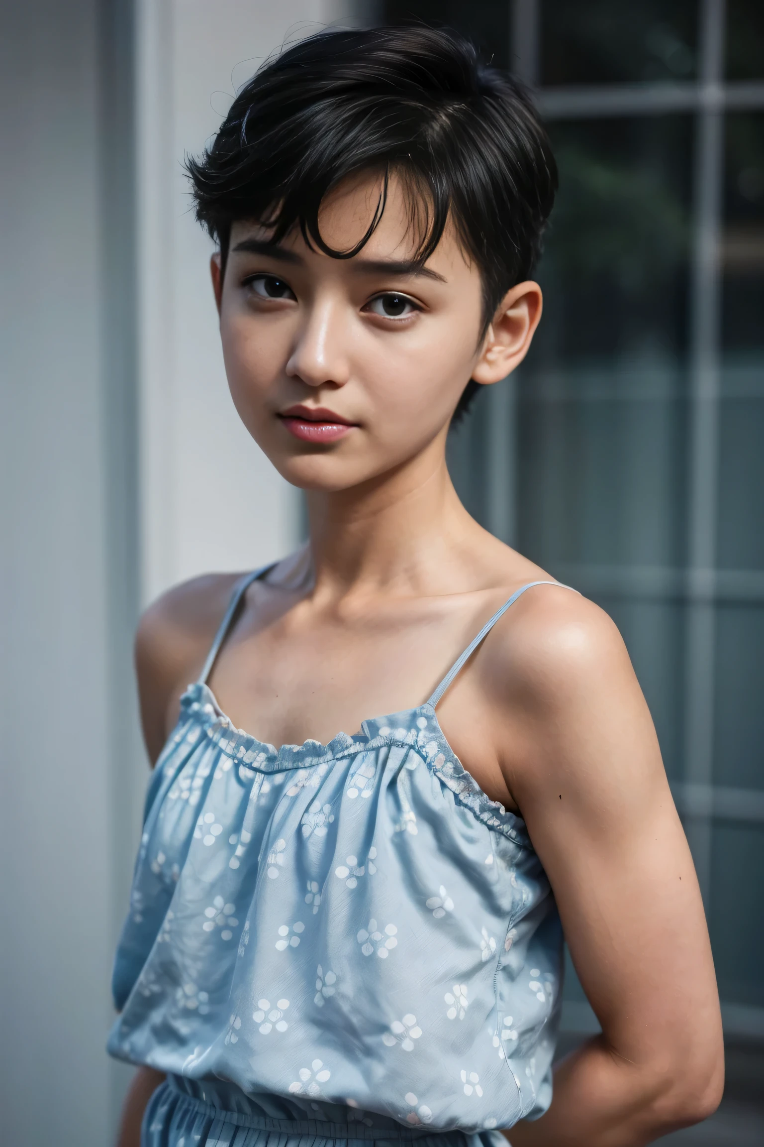 ((Cute Femboy)), Shorthaircut Stylish, adorable, 1 femboy, (face to face), , (()), (cry sad face expression), half body portrait, (face details: 1), (eye details: 1), ((Flat chest:1.3)), Cute posed. proportional body. Ultra High Res. realistic: 1.4, UHD, (naked), light blue sleep V neck bowknot lace hem ruffle print cami top