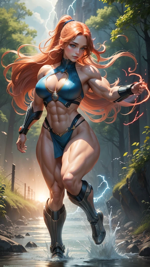1girl, ((best quality)), ((masterpiece)), (detailed), female Barbarian stands imposing in an ancient lost city. chainmail bikini, Chiseled perfect body, insanely handsome and feminine face. Sunlight highlights her muscles and scars. The scenery is lush and mysterious, with ruins and vegetation. The camera details everything. large breasts, long luxurious red hair