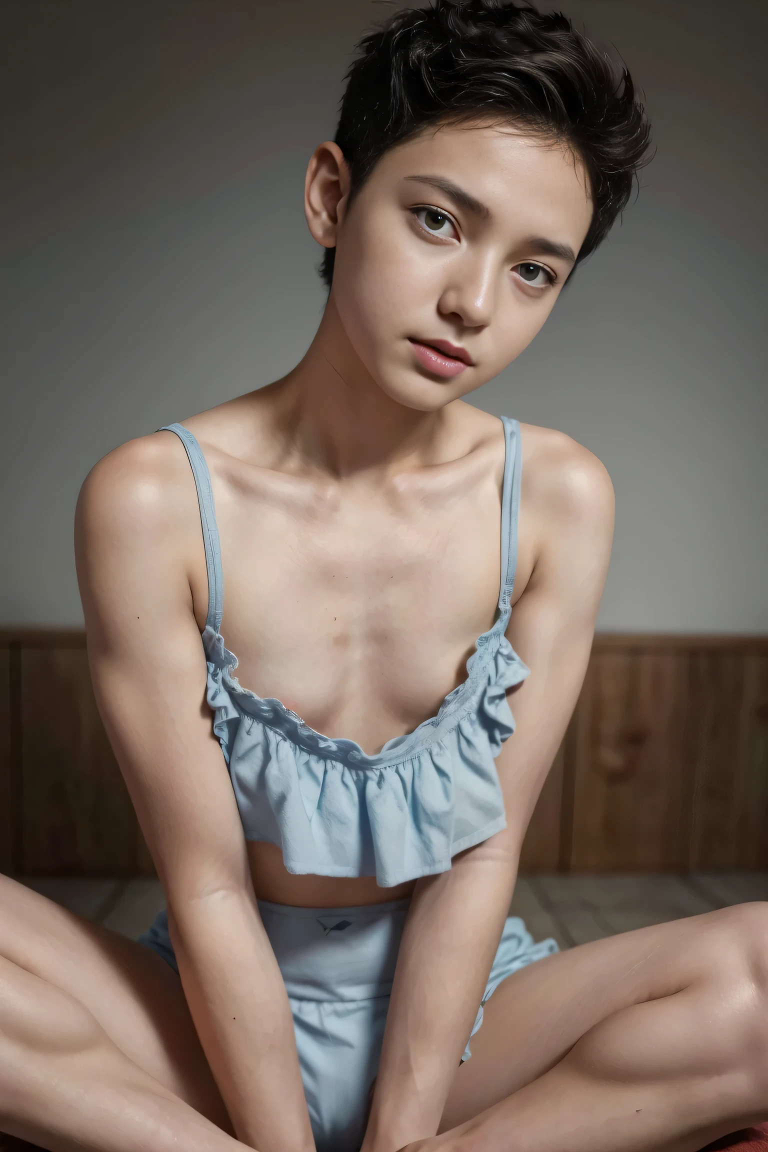 ((LIE DOWN)), (Wearing Swimsuit), (((SHORTHAIRCUT STYLE HAIR ))), masutepiece, High quality, UHD 32K, Realistic face, Realistic skin feeling , A Malay Lady, , , Very cute and baby-like face, (((FLAT CHEST:1.4))), (MATRIX WORLD), ((look In front at the camera and SADNESS)), ((())), (((CUTE GIRL))), ((BLACK LIPS)), ((WHITE PURPLE)), (undress). ((naked:1)), ((baby face))