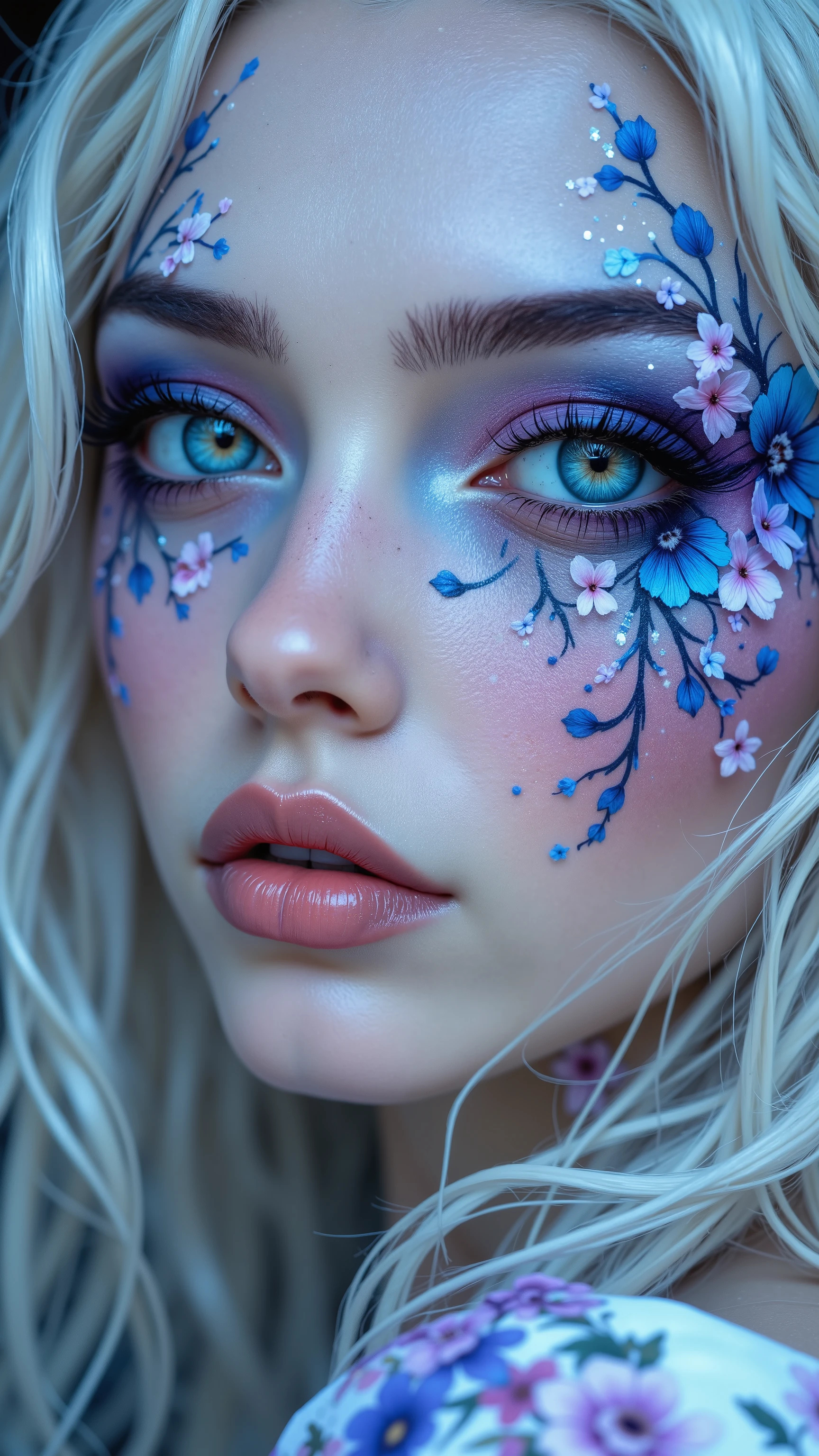 8k, Masterpiece, Top Quality, Close-up portrait, ethereal beauty, platinum blonde hair, floral face paint, blue and purple flowers, dreamy atmosphere, soft lighting, delicate features, fantasy makeup, intricate details, pale skin, wistful expression, artistic, surreal, fashion photography, high-resolution image