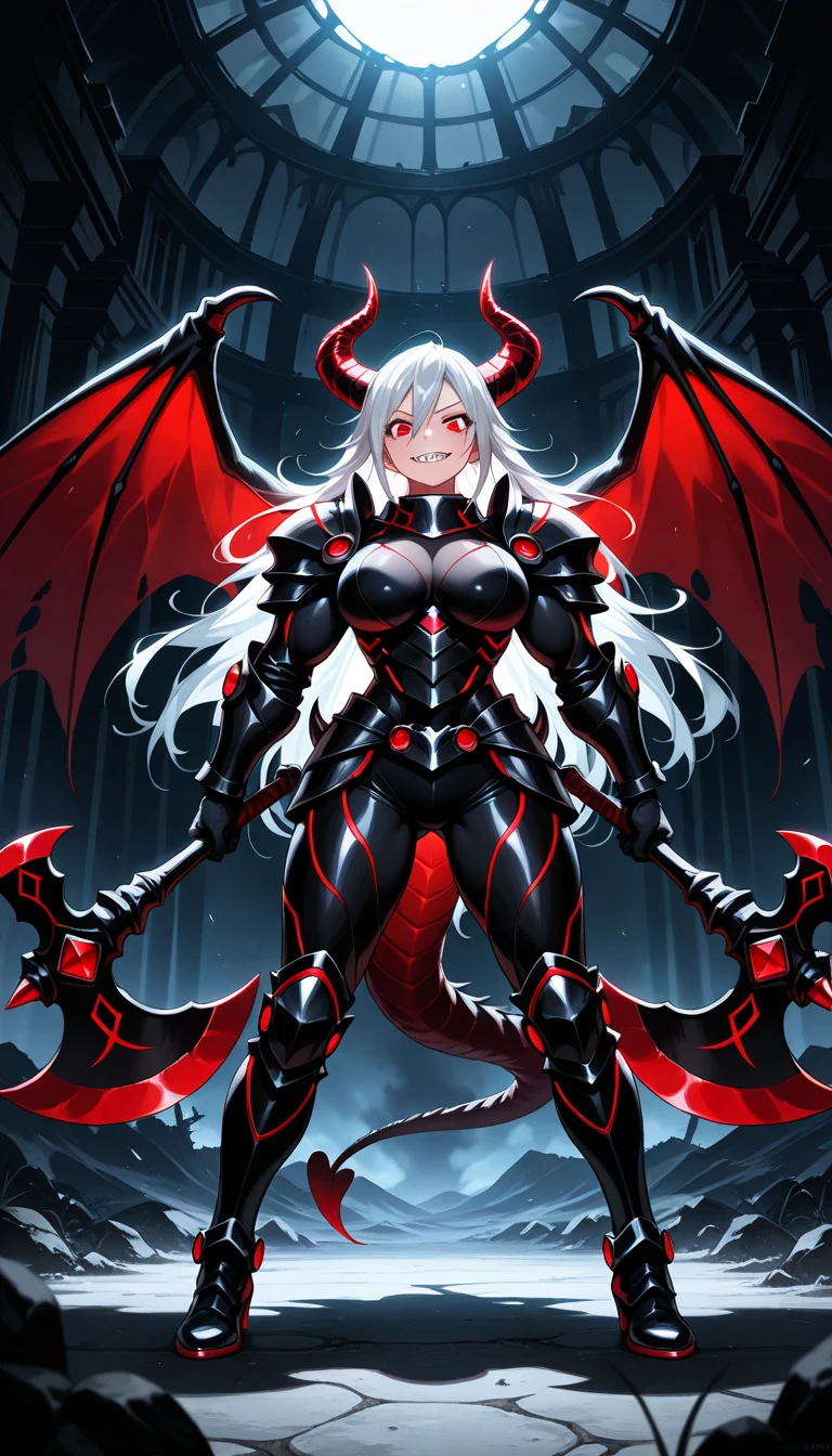 8k_wallpaper, extremely detailed eyes, extremely detailed body, (large masterpiece digital art), (detailed manga illustration), (detailed line art), ((perfect anatomy)), (intricate details:1.3), (ultra-detailed:1.3), (illustration:1.3), (sharp focus:1.3), (natural lighting:1.05), (vivid colors:1.3), (masterpiece), (best quality:1.4), (perfect anatomy:1.4), high quality, expressive eyes, full body, detailed face, beautiful face, perfect face, 1girl, (red skin), black sclera, smile, colored sclera, breasts, solo, monster girl, white hair, demon, wings, tail, boots, thighhighs, eyes, glowing, burning, explosionmagic, smoke, excessive energy, full armor, (armor), helmet, heavy armor, halberd