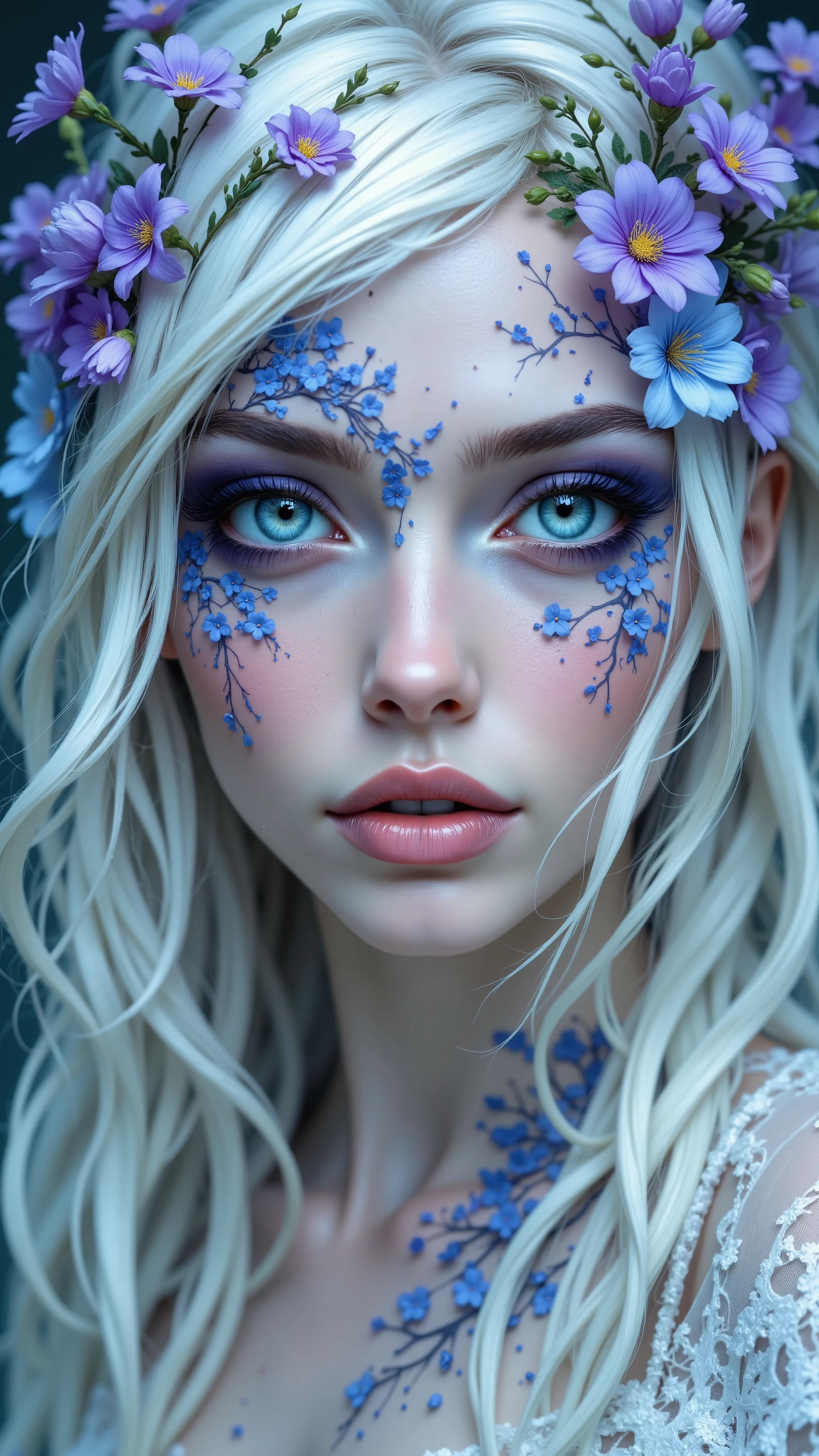 8k, Masterpiece, Top Quality, Close-up portrait, ethereal beauty, platinum blonde hair, floral face paint, blue and purple flowers, dreamy atmosphere, soft lighting, delicate features, fantasy makeup, intricate details, pale skin, wistful expression, artistic, surreal, fashion photography, high-resolution image