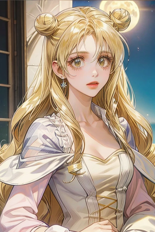 Browsing Caution,masterpiece、highest quality、High resolution、High-quality images、8k, 1 female、Skin luster、Skin Texture、Expression of fine eyes、(Shiny bright golden hair:1.8),Girl with long braided hair, realism, detailed manga style, Manga art style, Perfect Line Drawing, Beautiful line art, digital manga art girl, Beautiful light blue eyes, clear, Beautiful Eyes、Fuller lips, Gorgeous face with attention to detail, (cute smile), charm, Front view, (Perfectly detailed face), (Beautiful Hands) 、Photorealistic images, Written boundary depth, Princess hairstyle, Princess、Corolla on the head  , Look forward , Night Sky , Night view ，Beautiful starry sky  , Romanticism、(All Nude:1.5)、(Medium chest:1.5)、smile、blush、Princess Tiara、Fluffy blonde、Gorgeous blue sparkling earrings、Gorgeous gold bracelet、Gorgeous gold anklet、Gorgeous gold nipple rings、Palace balcony、Nadia: Blue Water Secret Necklace、(oblong face:1.5)、(Sparkling glitter:1.2)、Cover your forehead with bangs、Bangs between the eyes、(whole body:1.0)、(Are standing:1.3)、(Portraiture:1.6)、from below