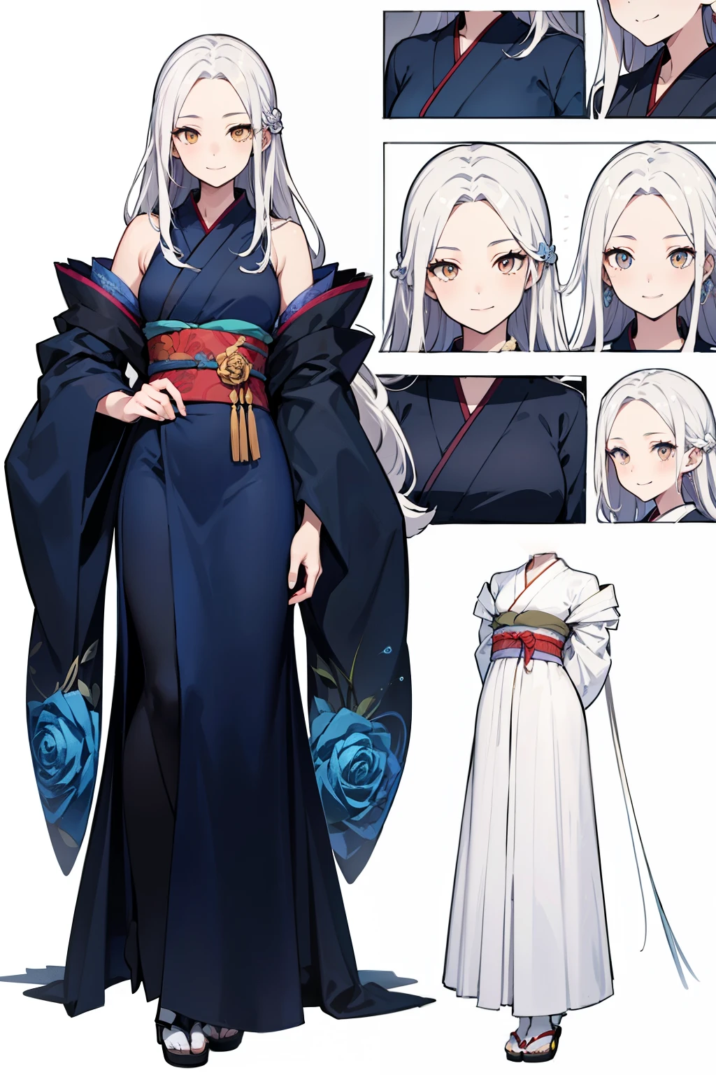  golden eyes, is standing,  character sheet ,  white background,  shoulder out、whole body,masterpiece、 Beautiful Woman、 white hair、 centered 、 long hair、 long dress 、smile、Droopy eyes、Good posture、 blue rose 、Forehead、 kimono、