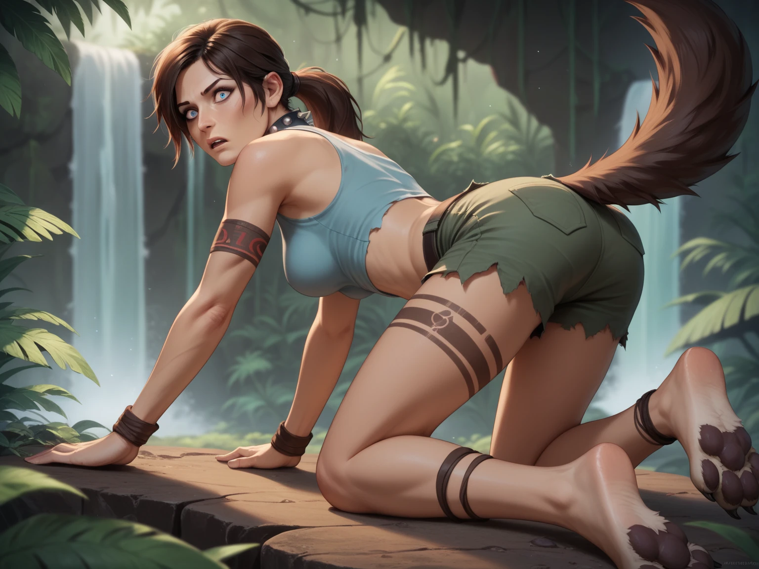 tied up Tomb Raider lying on the grass, aliens peeing on her body