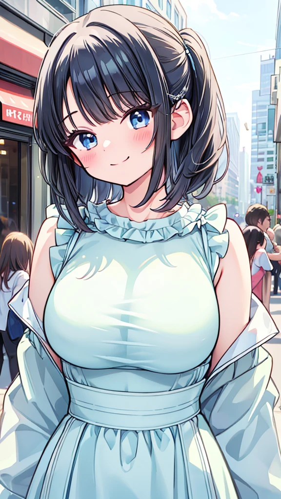 Main piece、high quality、High resolution、1 girl,single, Ruka Sarashina、jewelry、skirt、white sweater that exposes the chest、necklace、黒のskirt、black hairの女性、short hair、black hair,beige ribbed sweater、socks、sweater with turtleneck、turtleneck、black pantyhose, blue eyes, long sleeve, skirtプリーツ黒, bow, bow, blue hair band, bangs, big full breast, cleavage, Medium waist, medium hips, wide thighs, Cowboy photos, smile, fascinating, embarrassing, blush、In town、lots of people、crowd, looking at the viewer,from below、Low - Angle,very big breasts、cleavage、no bra、no panties、no panties