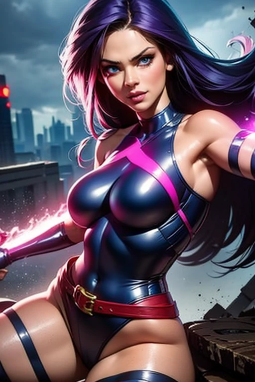 ((SUPERHEROINE PSYLOCKE )) , ((ella tiene pelo largo)), (Ella lleva su uniforme), (obra maestra, mejor calidad) 1chica, laus, solo, (sexy, mujer bonita, cara perfecta, ojos perfectos), imagen de 1/2 cuerpo , (PSYLOCKE, MIRADA SERIA), Pose dinamica, pose de batalla de super heroe. . ((((action)))), ((movement)), (((motion))), ((dynamic)), background, a city in the night, city lights, blur background. 
