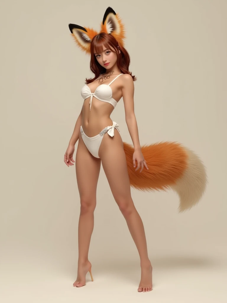 con, A girl, young, fox ears, fox tail, red hair, cute, small, short, anime realistic render, at a lake, dark brown eyes, small breast, loose pigtails, squatting with legs apart, black micro-bikini, under boob, ribs showing, front view, nipples showing through