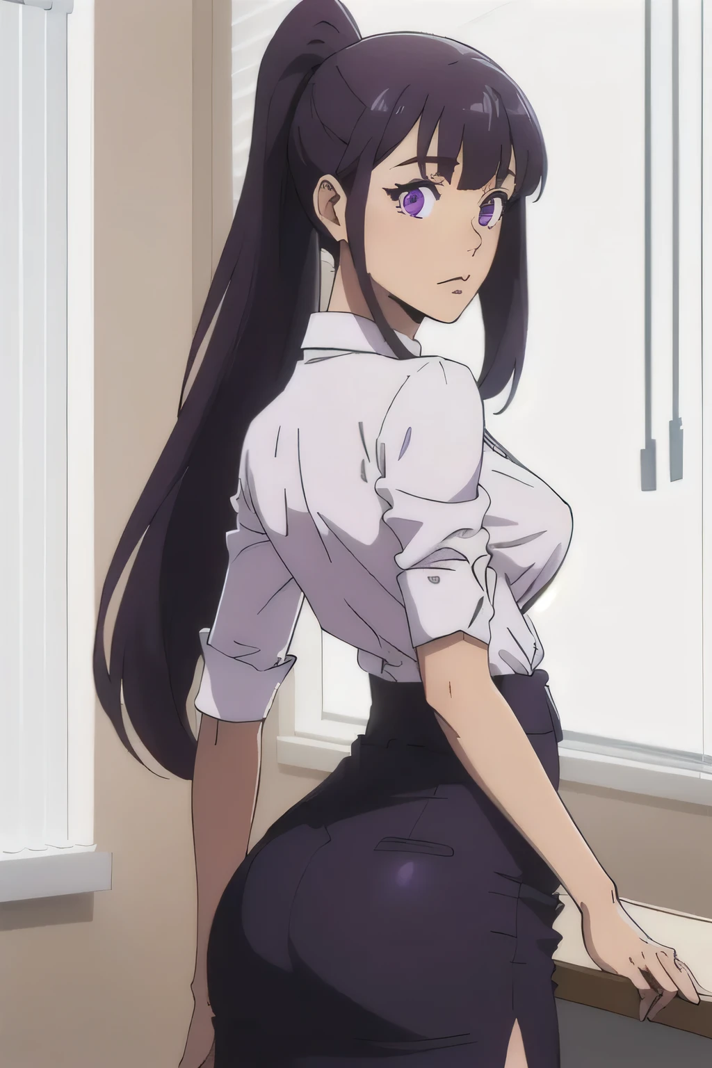1 girl in, age18, photo of Sung Jinha, Solo Levelling Waifu, photo of perfect woman, Solo, Aesthetic artwork, (long hair, straight purple hair, long ponytail, dark purple hair, bangs: 1.25), (violet eyes, clear skin, fare skin, small breasts, B-cup, runners body, very thin waist, skinny, petite, detailed skin texture, (Masterpiece), (shot from behind, up skirt, focus on ass:1.2), ((wearing business attire, open opaque shirt, showing her breasts, sexy skirt) (high detailed office environment, closed blinds), (extremely detailed 8k wallpaper), soft lighting, high quality, film grain, 50mm, High Detail, Sharp focus, (natural light), (cowboy photo:1.2), light particles