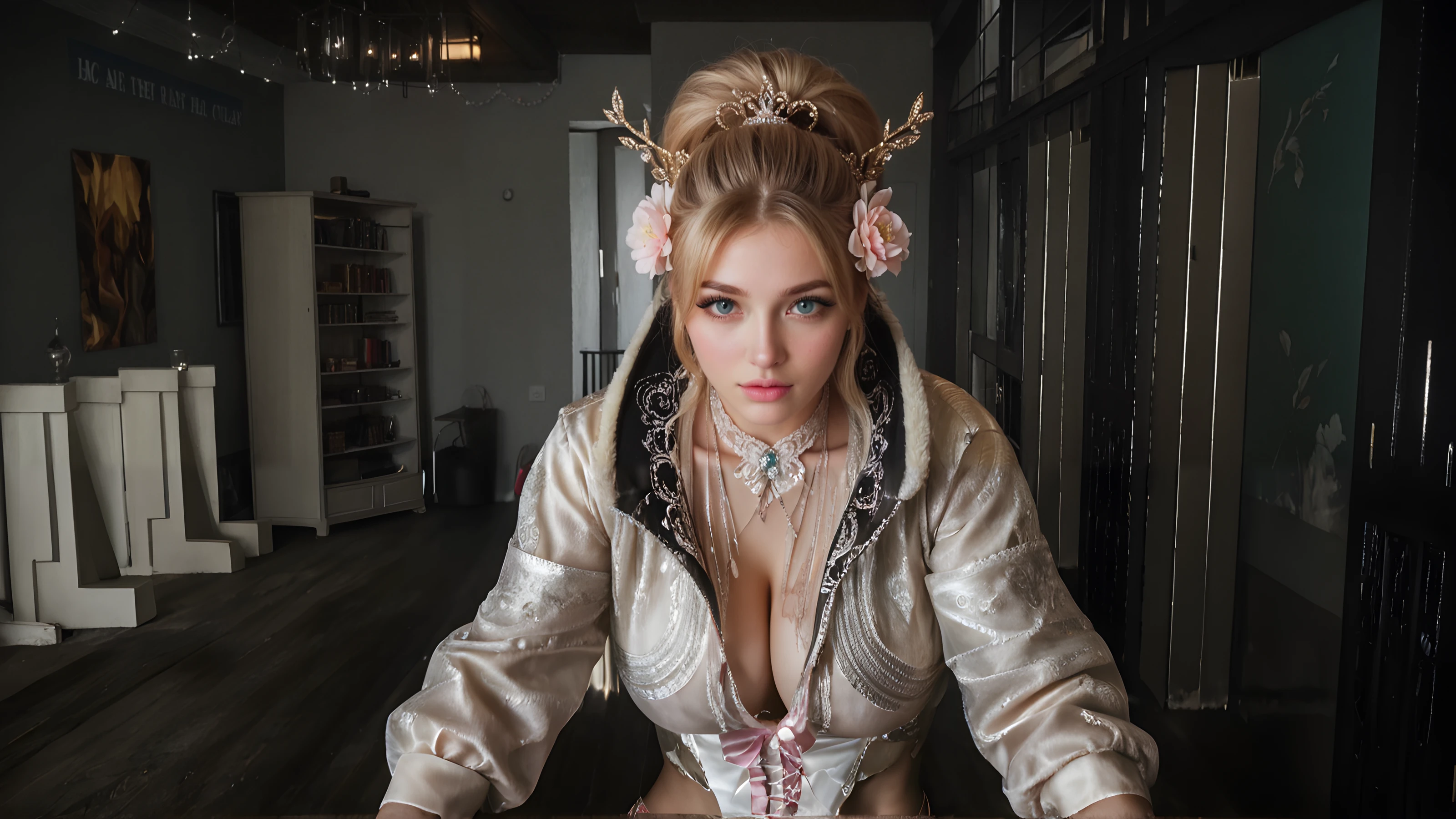 1 girl, beautiful detailed eyes, beautiful detailed lips, extremely detailed face, long silky white hair, pointed ears, round face, medium breasts with cleavage, hourglass figure, wearing ancient red hanfu, red eyes, small fangs, dragon horns, wuxia, best quality, 8k, highres, masterpiece, ultra-detailed, photorealistic, studio lighting, vivid colors, dramatic lighting, cinematic, elegant, fantasy, mystical, intricate details