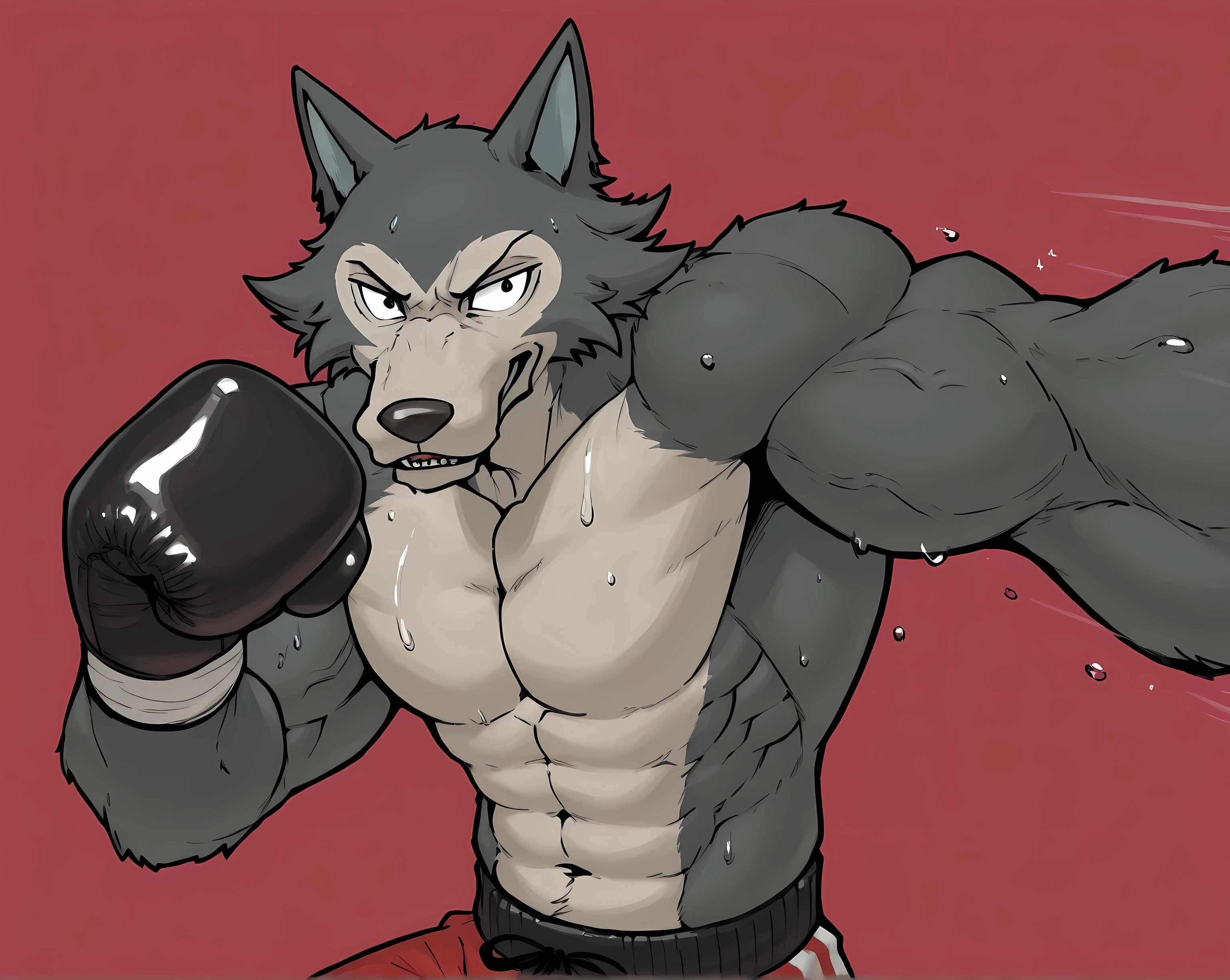 l3gosh1, beastars, male, solo, wolf, muscular, athletic, masculine, (small eyes), flat color, boxing_gloves, boxing_trunks, simple background, sweaty body, veiny arms, bulging muscles, boxing stance, dynamic pose, boxing, (black outline), punching, speedlines,