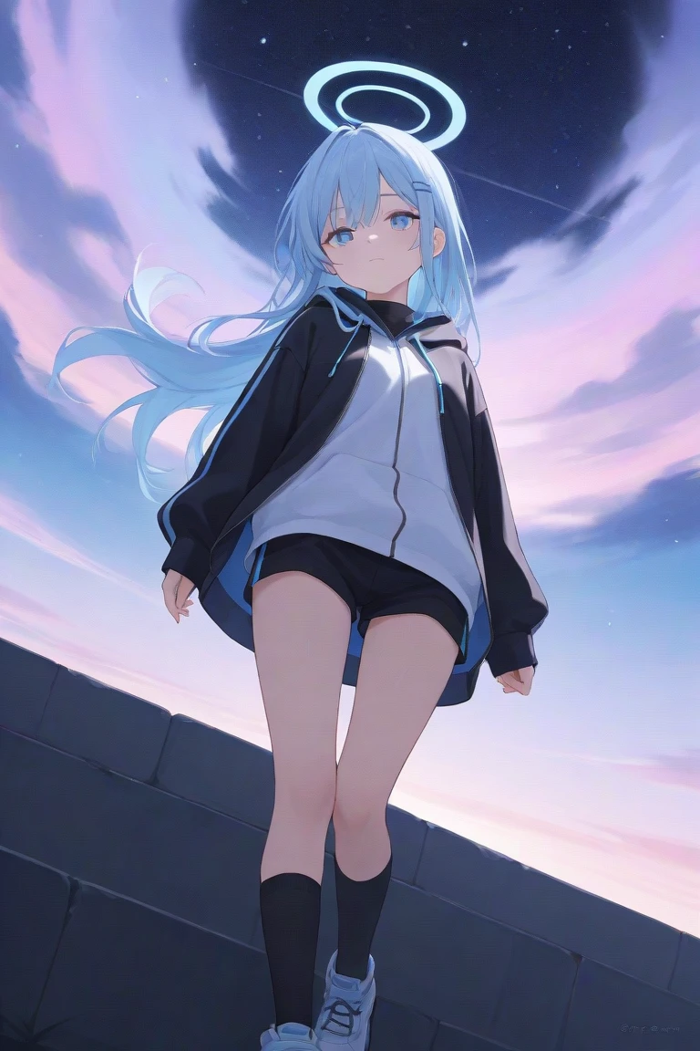 1girl, with light blue eyes, light blue hair, wearing a hair ribbon, blue and white long hoodie, no pants, the scene is set in winter, sunset, looking directly at the viewer, thighhighs, (wide open legs), carrying a rucksack, black turtleneck