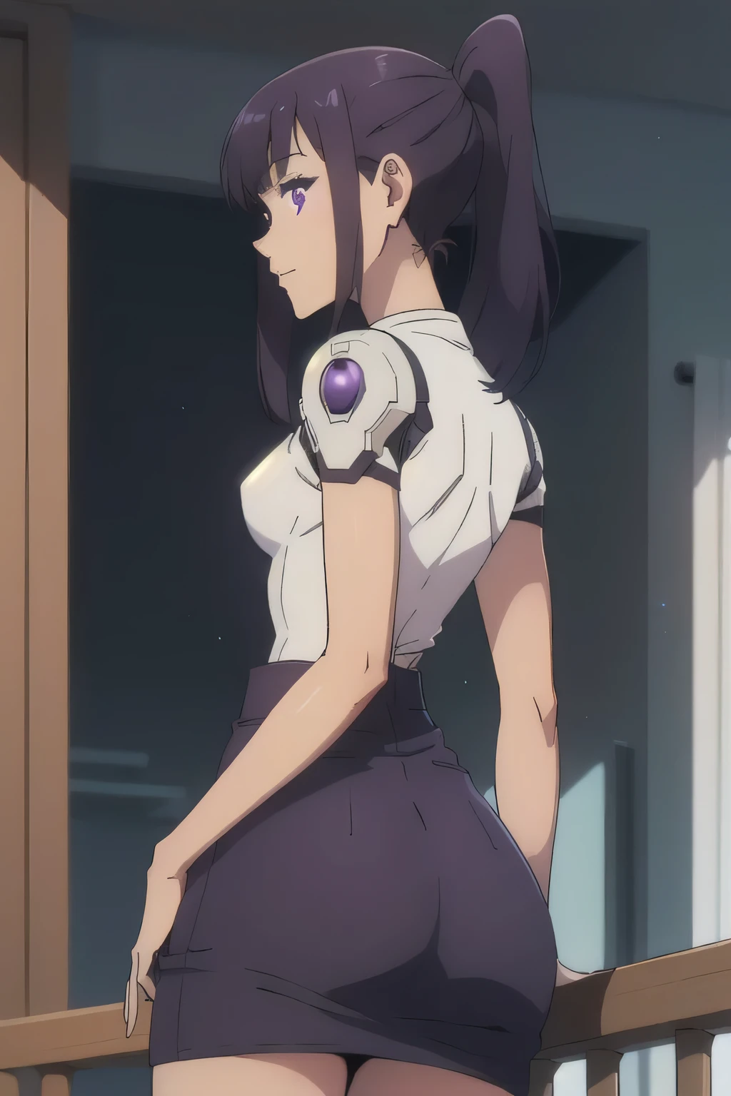 1 girl in, 18, photo of Sung Jinha, Solo Levelling Waifu, photo of perfect woman, Solo, Aesthetic artwork, (long hair, straight purple hair, long ponytail, dark purple hair, bangs: 1.25), (violet eyes, clear skin, fare skin, small breasts, B-cup, runners body, very thin waist, skinny, petite, detailed skin texture, (Masterpiece), (shot from behind, up skirt, focus on ass:1.2), (wearing futuristic Iron Man armor, black and pink color scheme, highly detailed), down on on knee, (high detailed city environment, apartment balcony), (extremely detailed 8k wallpaper), soft lighting, high quality, film grain, 50mm, High Detail, Sharp focus, (natural light), (cowboy photo:1.2), light particles