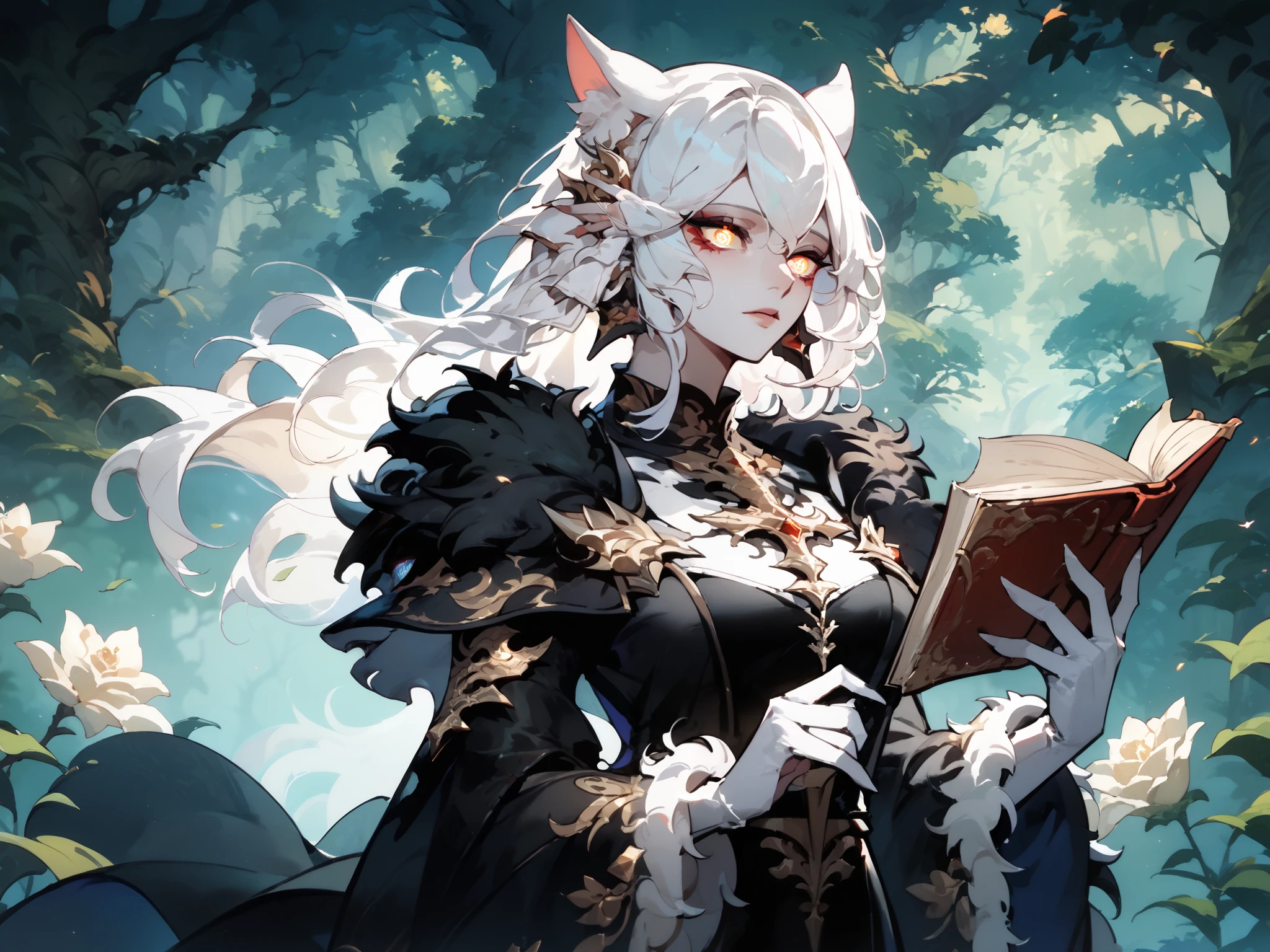 ((Masterpiece, fantasy painting, oil paiting style)) ((1 girl, woman, beutiful, white hair, purole eyes, white cat ears with black tufts, black fur dress, modern dress, holding book, forest background