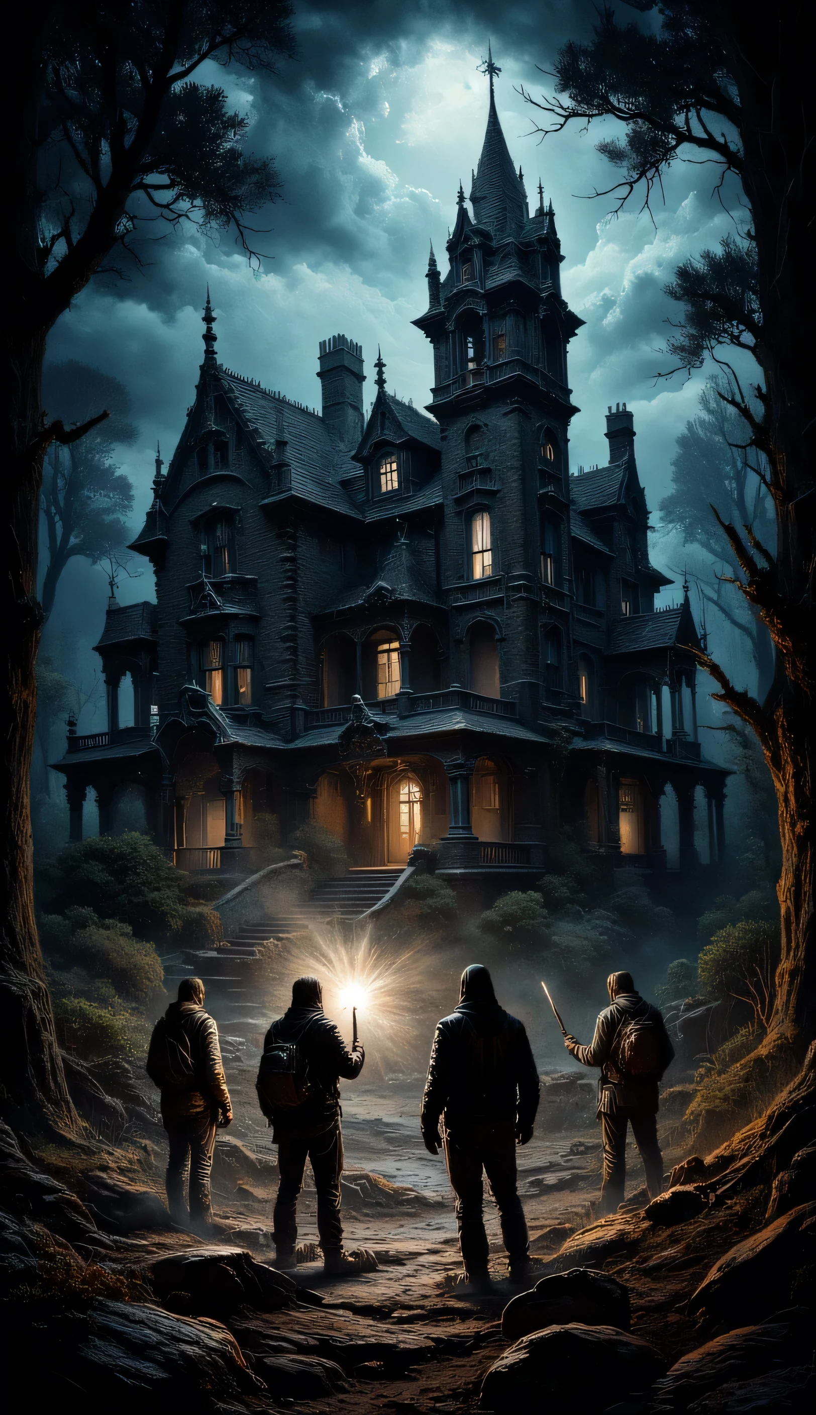 A dark, crumbling mansion in the middle of a dark forest. Broken windows and shadows moving behind the curtains . A group of friends enter , illuminating the place with , flashlights as echoes of distorted laughter echo through the air .