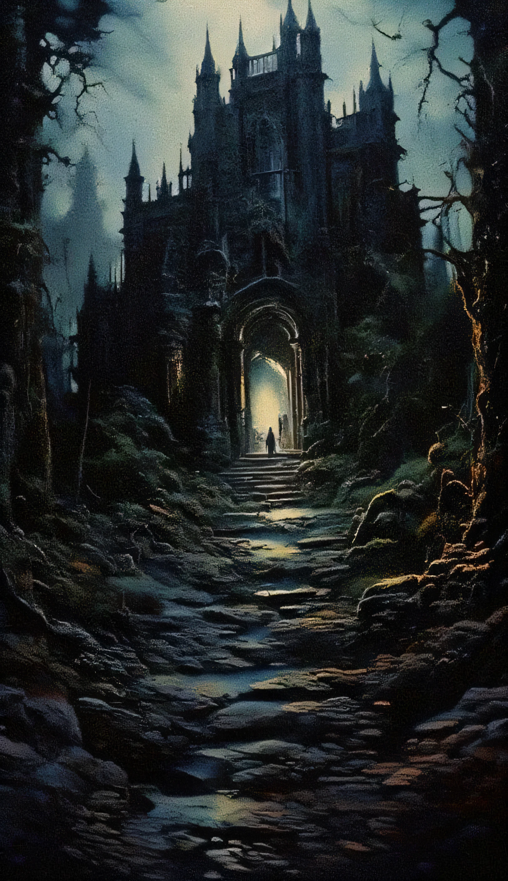A dark, crumbling mansion in the middle of a dark forest. Broken windows and shadows moving behind the curtains . A group of friends enter , illuminating the place with , flashlights as echoes of distorted laughter echo through the air .