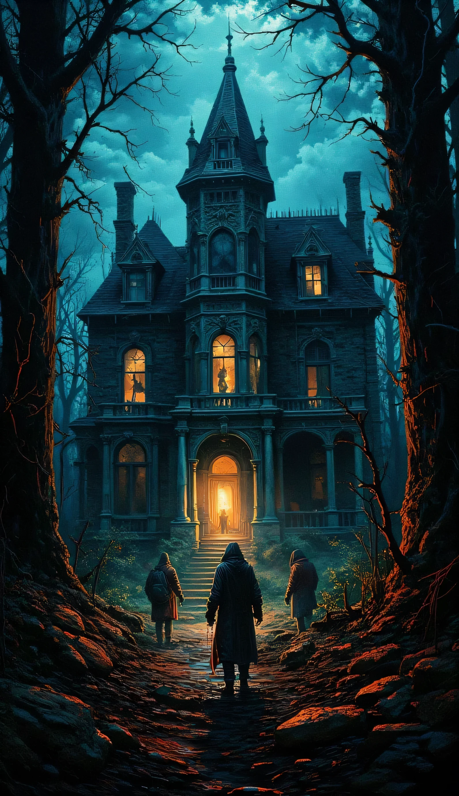 A dark, crumbling mansion in the middle of a dark forest. Broken windows and shadows moving behind the curtains . A group of friends enter , illuminating the place with , flashlights as echoes of distorted laughter echo through the air .