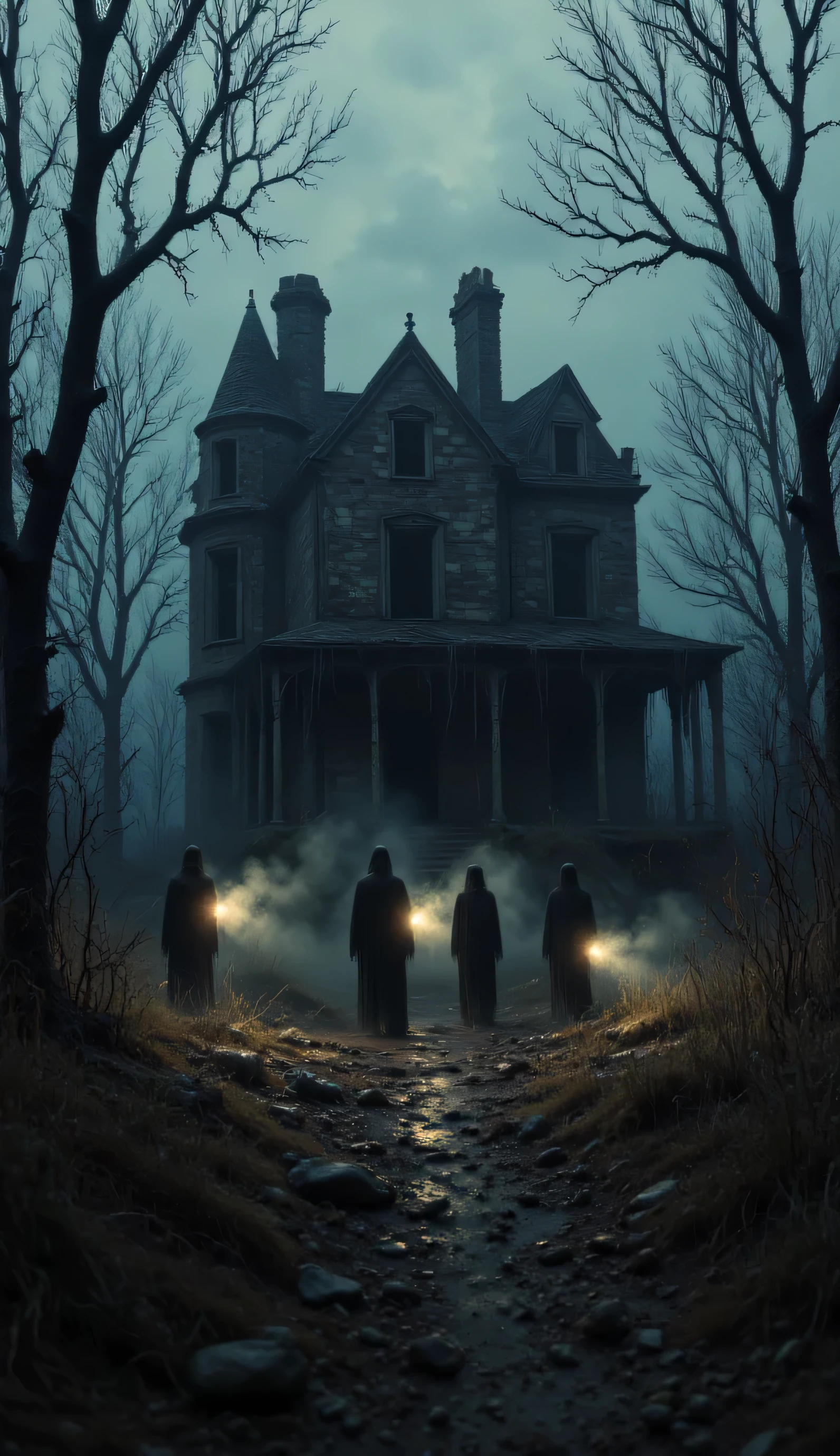 A dark, crumbling mansion in the middle of a dark forest. Broken windows and shadows moving behind the curtains . A group of friends enter , illuminating the place with , flashlights as echoes of distorted laughter echo through the air .