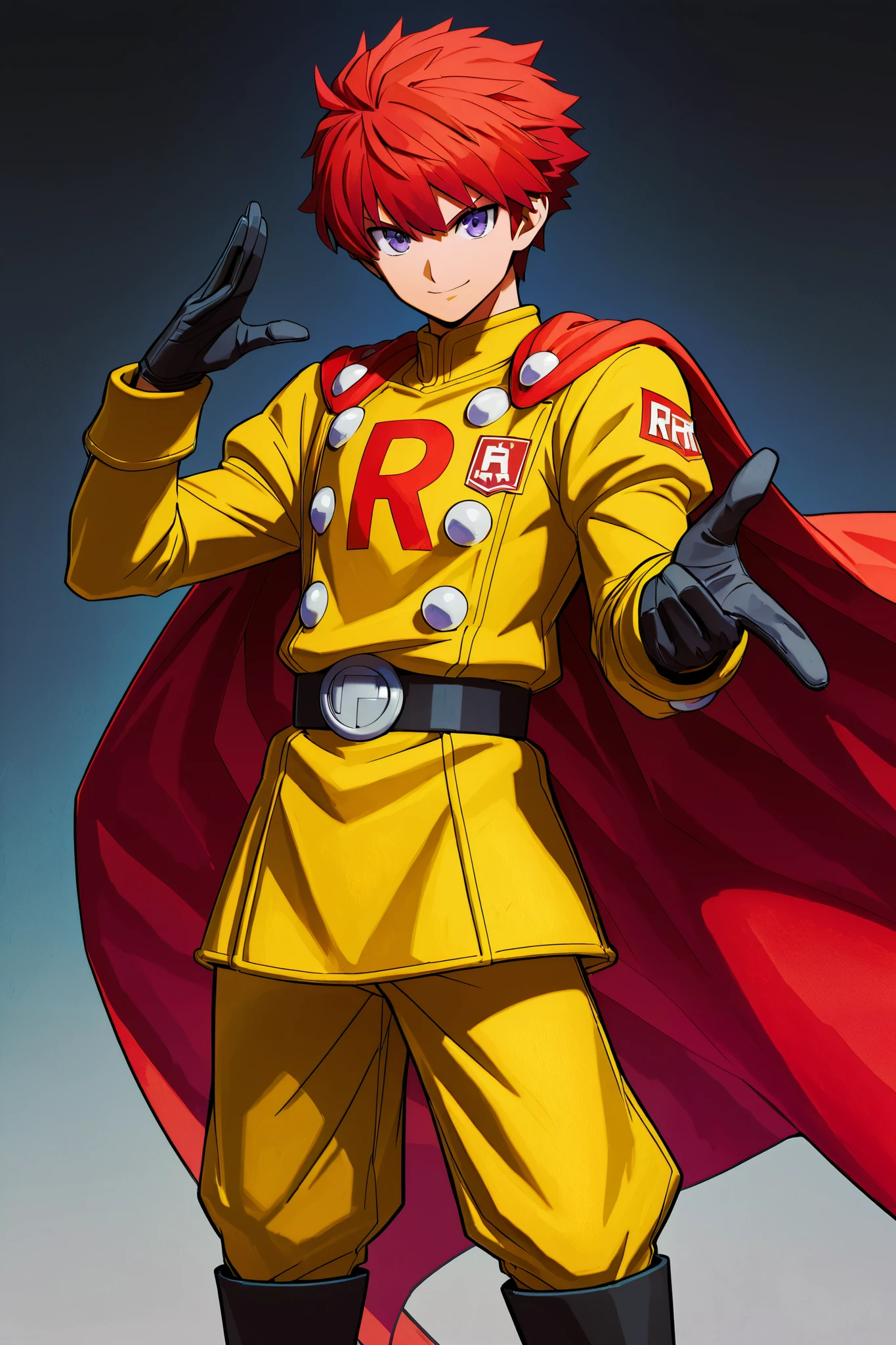 (Rulax: (solo, Man:1.2),red hair, purple eyes), (yellow jacket, yellow pants, red cape, red print, black belt, black gloves, black boots, red ribbon shoulder patch), smile, hero pose, cowboy shot (Highly detailed, Absurdres, Anatomically correct, Best quality)