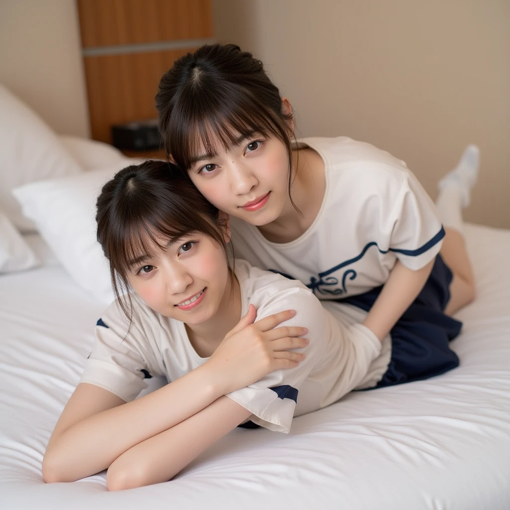 (masterpiece:1.4)、(1male people:1.9)、1girl、15 years old,(:1.2),high school student,beautiful girl,(short ponytails:1.2),akb48,nogizaka46,sailor suit,high ,(A father is touching his delicate girl's crotche:1.9)、student clothes、a closeup、Lying in bed、Father touching the crotch of delicate girl、(Cute 15-year-old delicate girl with semi-long hair and 50-year-old father with short hair)obscenity:1,2、Metamorphosis:1,2、NSFW:1,2、caress:1,2、Wrinkles between the eyebrows、Touching each other's crotches、red blush、toppless、White panties、Dark blue pleated mini skirt、tre anatomically correct,(small breasts:1.2),(skinny:1.2),