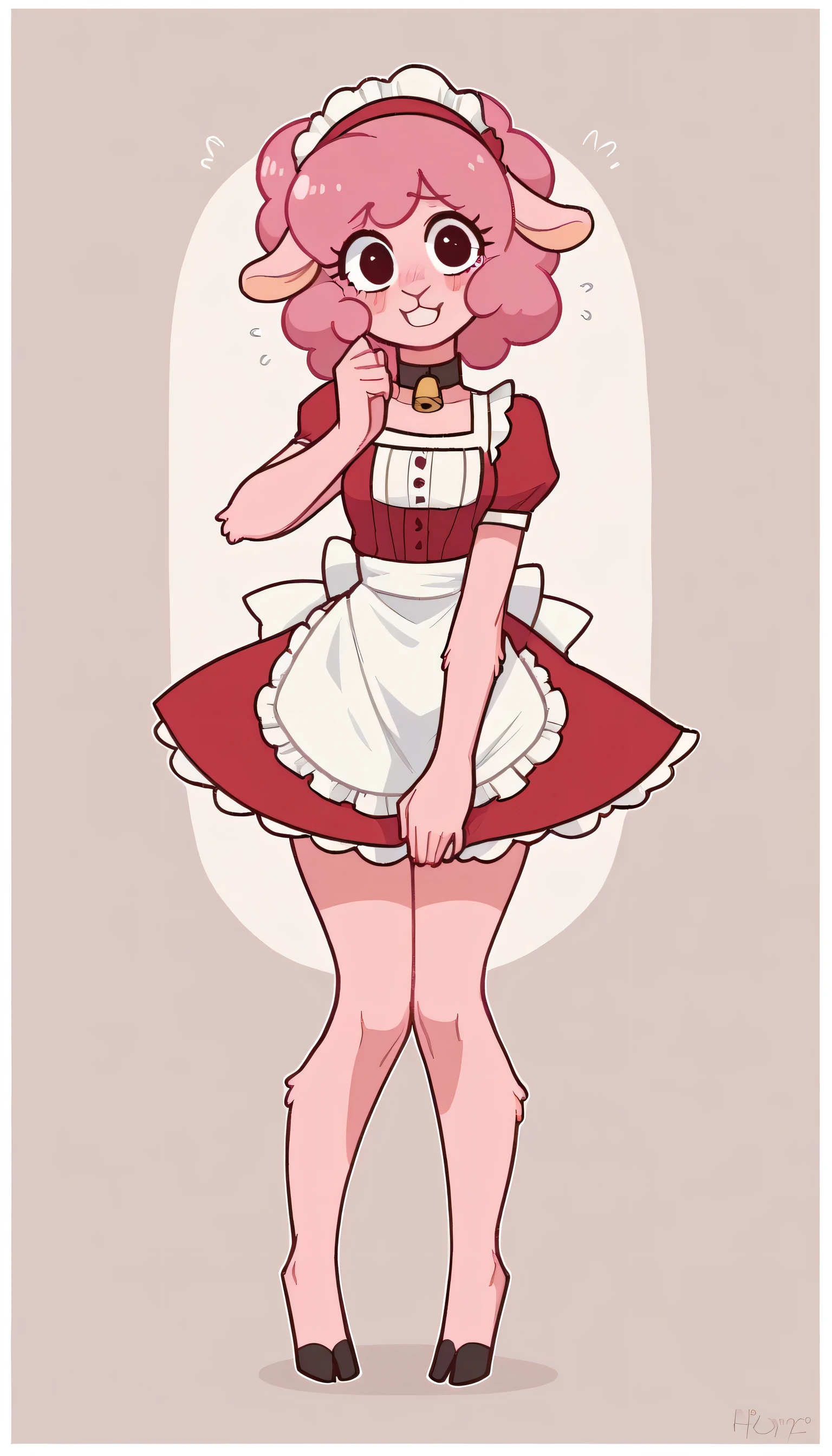 better quality, very detailed illustration , ( Anthropomorphic furry sheep:1,7) , ruffled voluminous bouncy hair , playful look, delgado, ideal body, thin waist , wide hips, simple drawing, Artifyber style , pastel flat colors , beautiful, cartoon ,solo, knee-length Dress, pastries, baker, short curly pink hair, White and Pink full Dress, maid clothes, frilly apron, a smile, fluffy curly tail, sheep ears, bell collar, ram horns, hooves, embarrassed pose