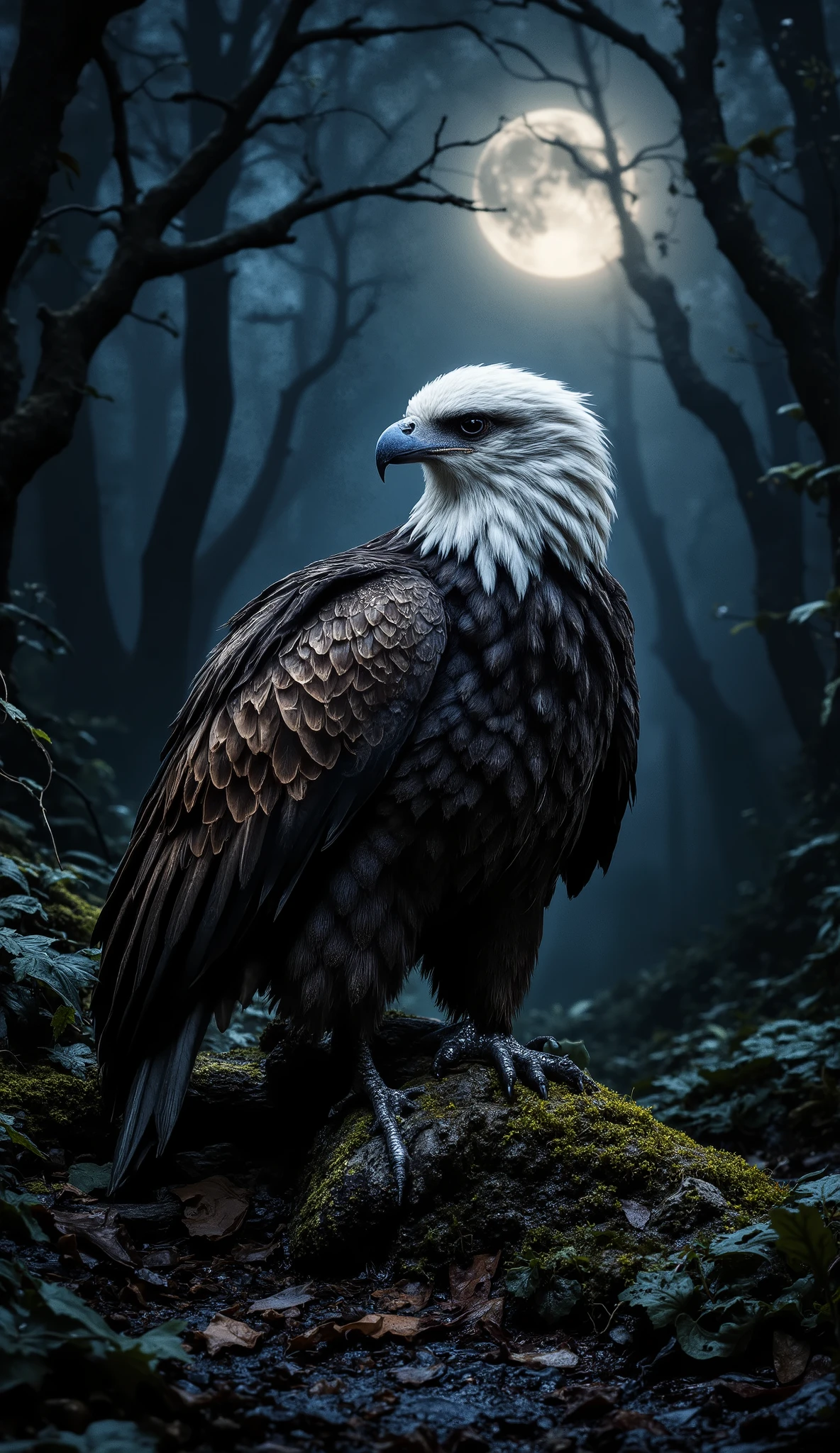 photo RAW,(close-up bald eagle, night , exterior, forest, trees, vines, grass, river),hyper detailed, intricate, extremely beautiful, photo realistic, rich colours, dark shadows,masterpiece, best quality, highly detailed, natural lighting, beautiful detailed, insanely intricate details, intricate details, perfect lighting, incredible detail, hypermaximalistic, natural balance color, 8k, ultra detailed, beautiful and aesthetic, extremely detailed, elegant, vivid colours, atmospheric