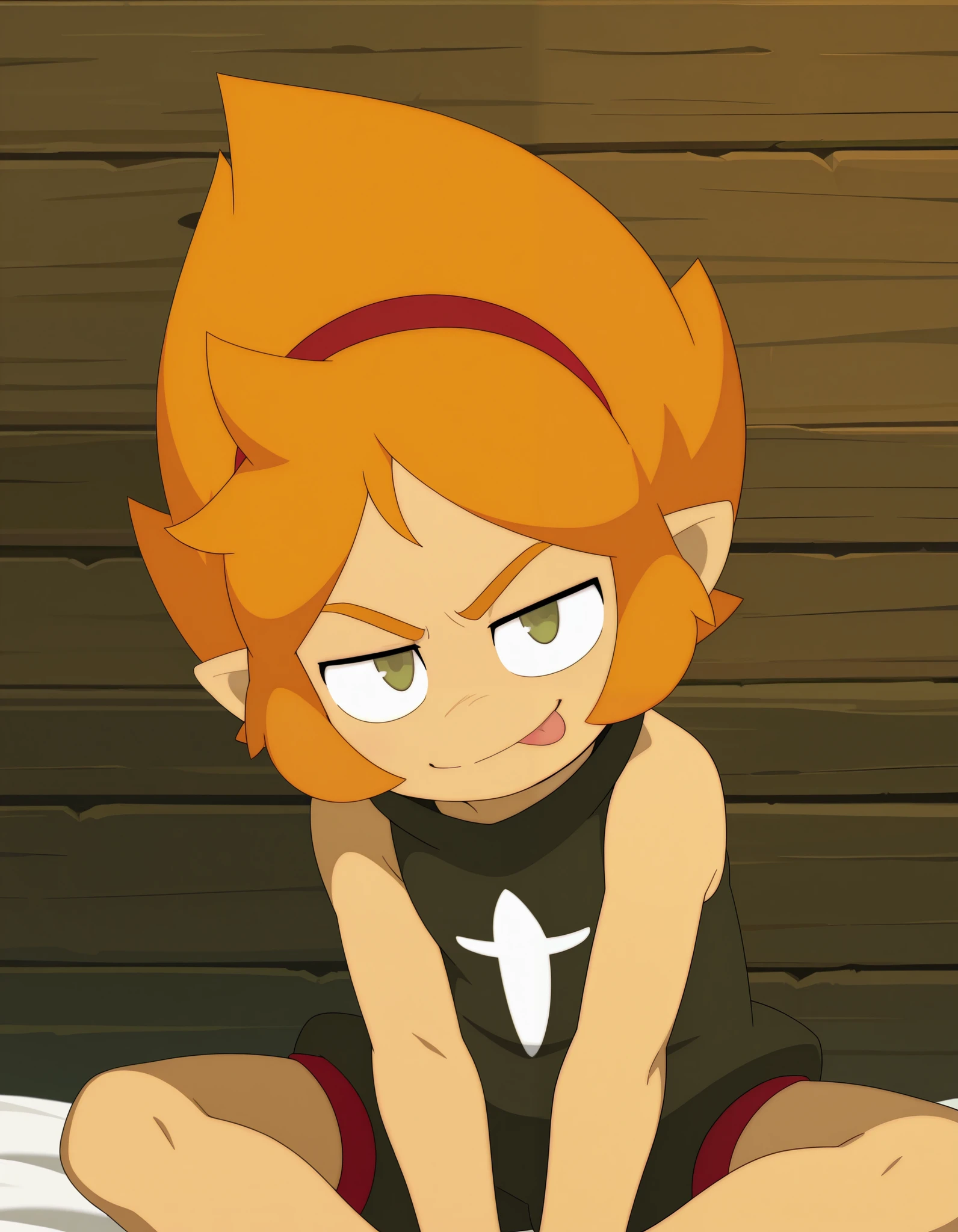 illuelely, Elely (Wakfu), solo, orange hair, short hair, hairband, pointy ears, sleeveless, shorts, shirt symbol, smirk, tongue, looking at viewer, sitting,