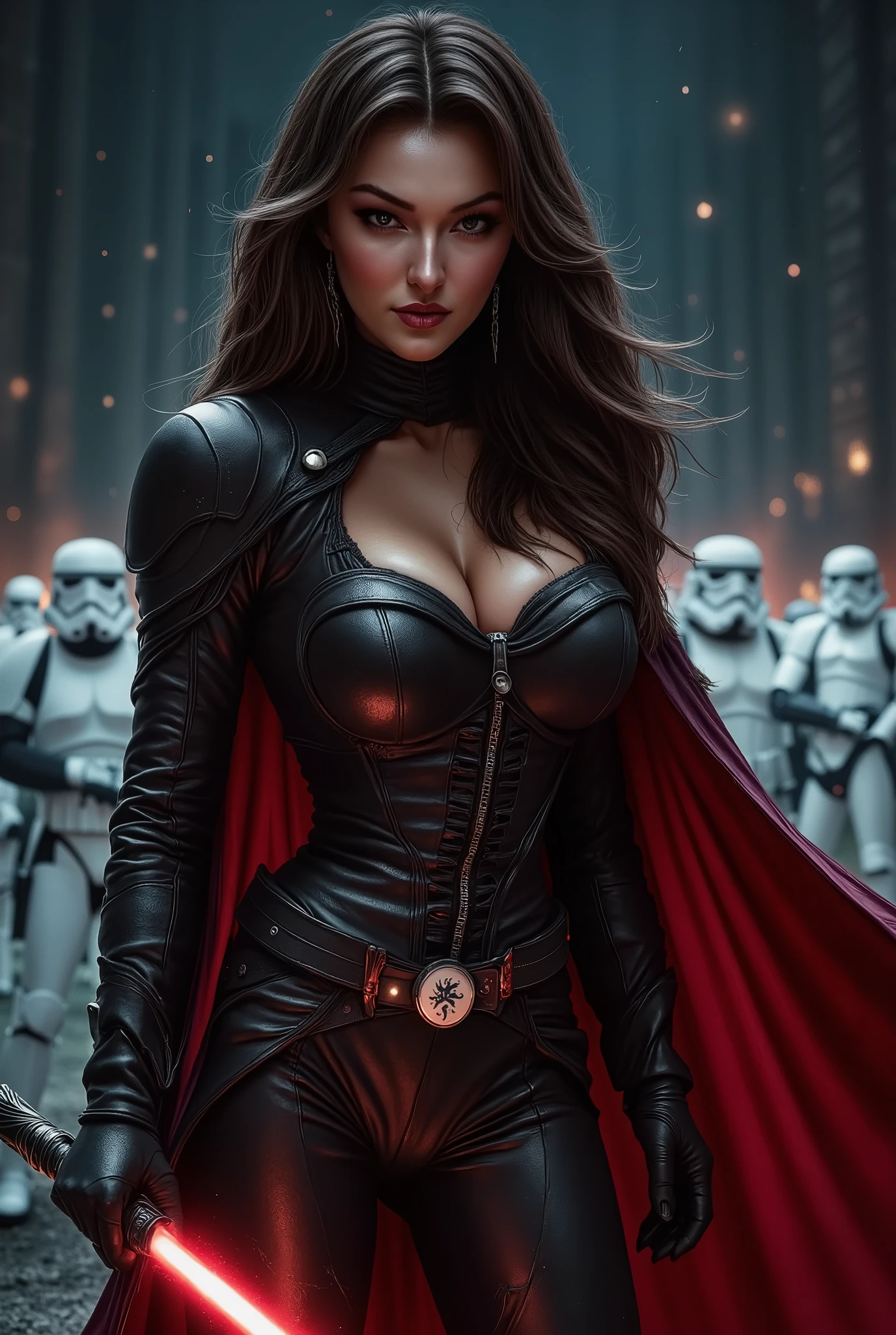Woman as a Mara Jade Skywalker with perfect eyes with long black hair, dressed in tight leather turtleneck combat outfit with pauldrons, using a red lightsaber, a hooded red cape, strong seductive makeup, bedroom eyes, evil smirk, arrogant smirk, cinematic lighting, photorealism, Detailed hand, background: on a sci-fi battelfield with a legion of stormtroopers standing shoulder to shoulder far behind her, blurry background, night time with stars, dark blurry background with red glow,