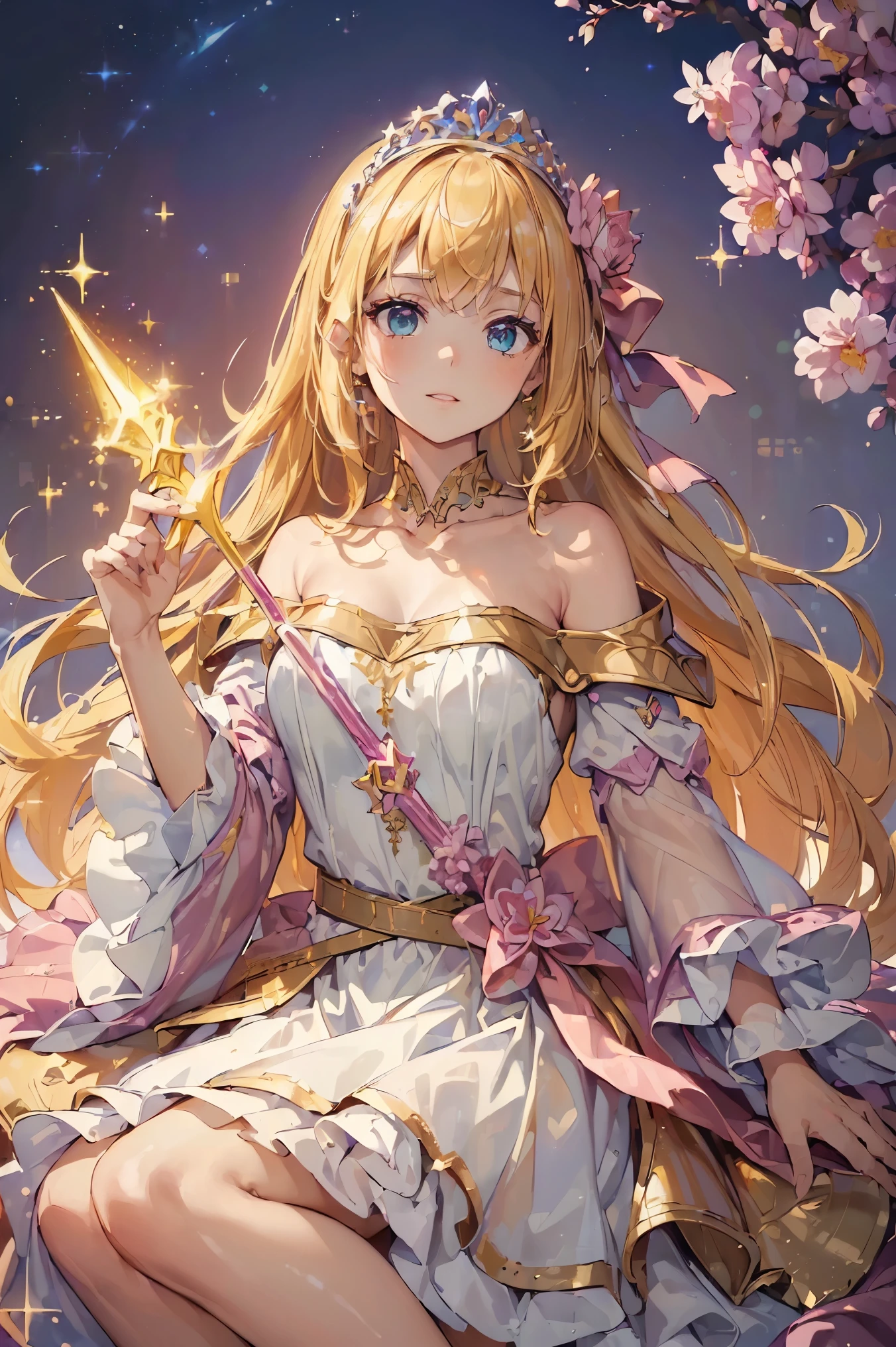 (((highest quality, 8k, masterpiece: 1.3)), ((highest quality)), ((masterpiece)), (detailed), Perfect Face, sexy, Princess, fantasy heroine, tiara, scepter, blonde hair, gradient hair, Hair with a gradation from gold to pink, sparkle, reflection light, Surrounded by colorful flowers