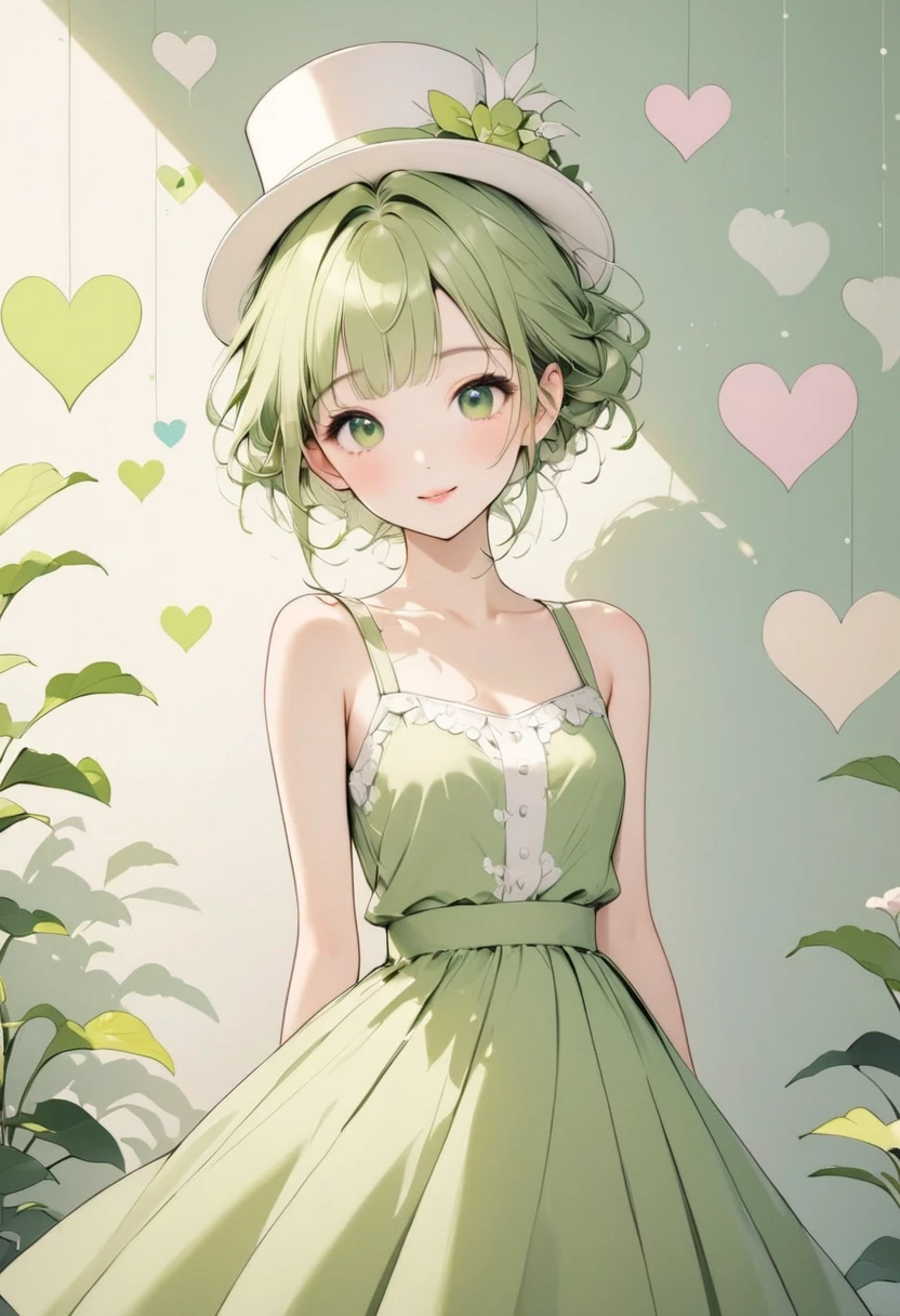 Anime girl in green dress and hat standing in front of hearts - SeaArt AI