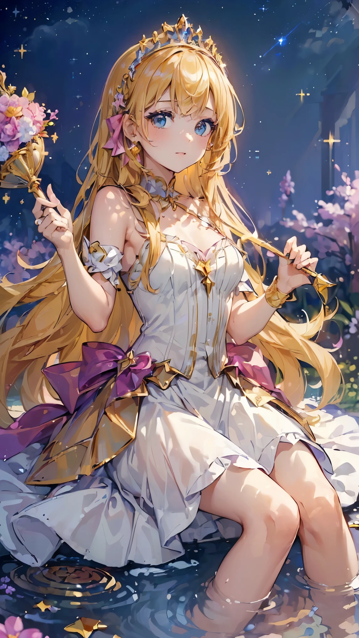 (((highest quality, 8k, masterpiece: 1.3)), ((highest quality)), ((masterpiece)), (detailed), Perfect Face, sexy, Princess, fantasy heroine, tiara, scepter, blonde hair, gradient hair, Hair with a gradation from gold to pink, sparkle, reflection light, Surrounded by colorful flowers