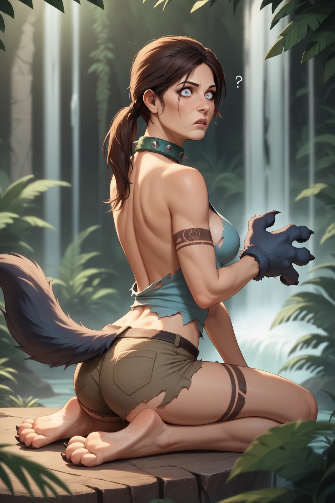 solo, (beautiful female:1.4), (nice shark girl),  ( fit, abs), busty, big erect breasts, erect nippleslips,  slim waist,  (black hair),  ( female shark | Lara Croft ), (((female))),  orange body scales, white belly,  (kemono:1.5), 
(  lightblue joint swimsuit) , [slim swimsuit], [ two pistols-gans on hips ], wide belt, long braid, ( (red) round glasses :1.2), (red glasses), [ small backpack on her back ], army boots, leather straps on hips and biceps,   e621, (female body),  slim sports body, 
 shark tail, cameltoe,  (body portrait), sharp fangs, 
(detailed eyes, detailed pupils, yellow eyes, glowing eyes),
(outdoors),  tropical ocean beach , in jungle,  in water,  waterdrops, night, moonway, reflection of stars,  (particles ,firefly, blue glowing), seeker of adventures,       (sitting on knees leaning to front on her hands :1.4),     
detailed background, photorealistic, realistic hands, 8k HD,
(dark shadows, wide dynamic range, hdr, low light:1.2),
by (by Pino Daeni, (by ruaidri), (by virtyalfobo), (by Kenket). by iskra, by darkgem