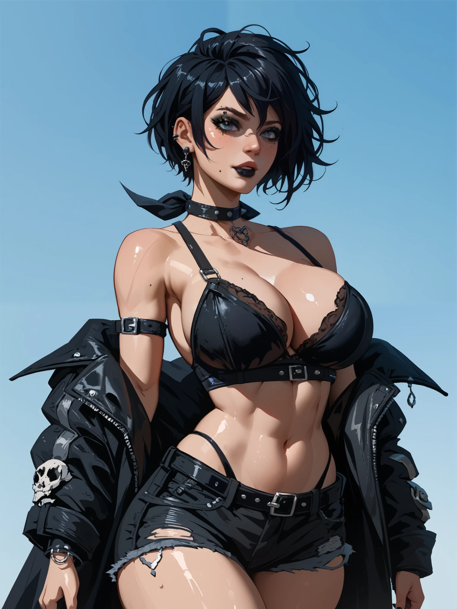 best quality , extreme Detail, young woman, emo, goth girl, black makeup , black short wild hair, cute face, wild look, big breasts , (H80 ), (wide hips), young woman ist schlank, young woman schaut Beobachter an, young woman trägt ein Enges Schwarzes Sexy Korsett, young woman steht alleine auf einem Hochhaus Dach, young woman Posiert Sexy,