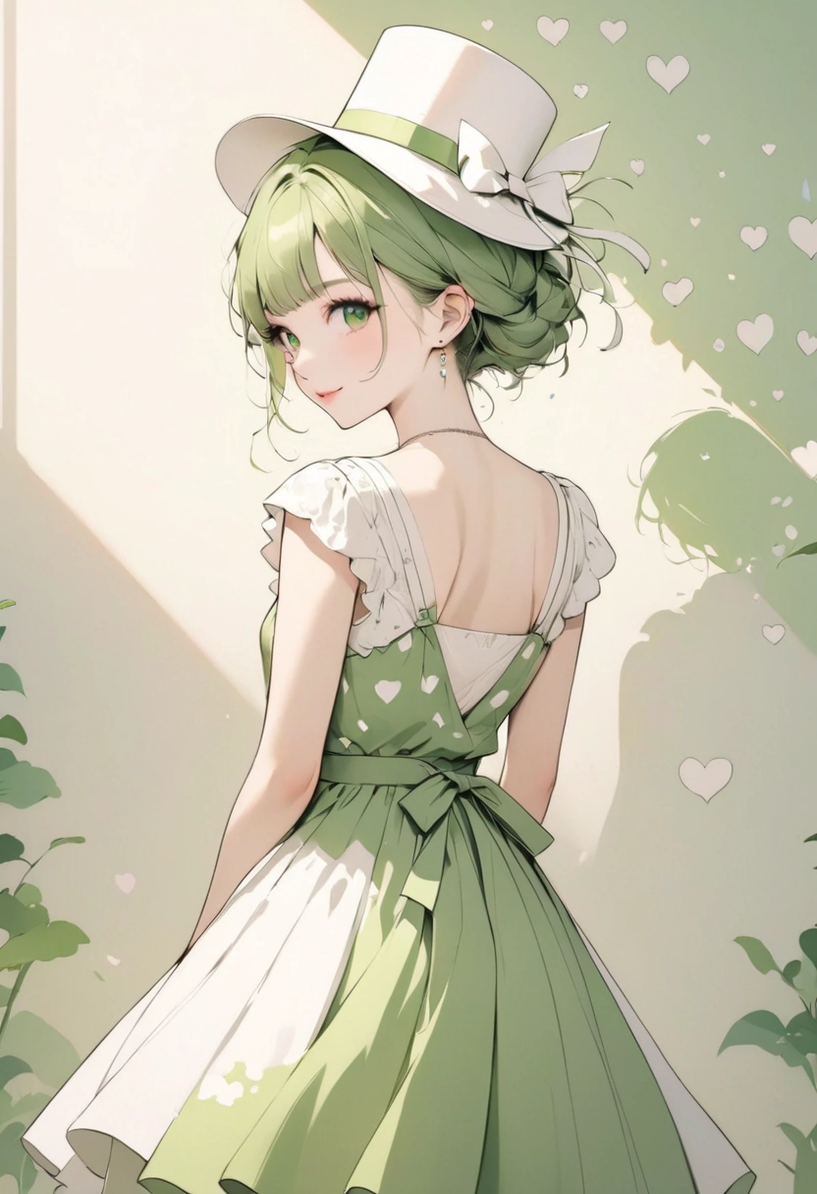 Anime girl in green dress and hat standing in front of a wall - SeaArt AI