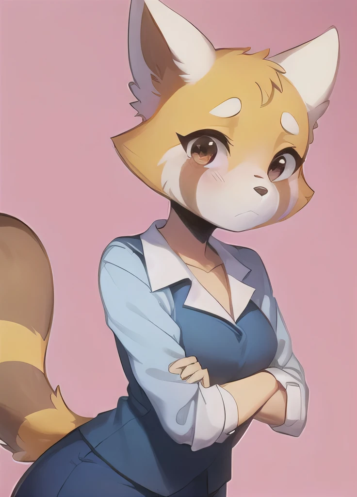 Retsuko, panda girl, ( best quality,  masterpiece:1),  hairy female antrum , white shirt, Blue Vest,  long blue pencil skirt , standing,   Looking at the viewer , (Short stack:1.1), closed mouth,  brown eyes , Blush, striped tail, ( office background:1.2), hands together, 