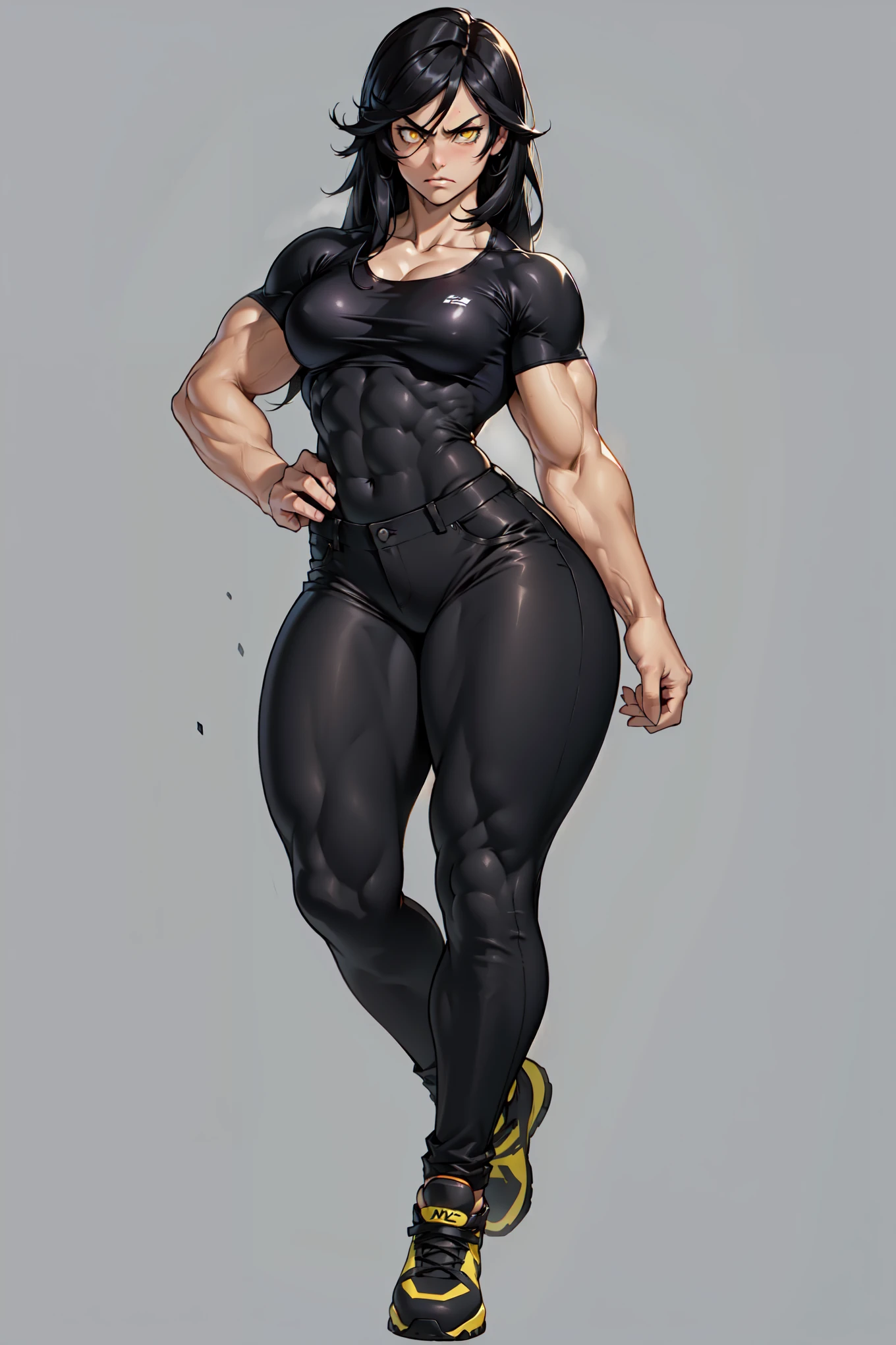 ((((muscular 1girl)))) (((thick thighs toned body small breasts))) (pale skin) black hair yellow eyes very long hair ((full body)) tight shirt tight pants