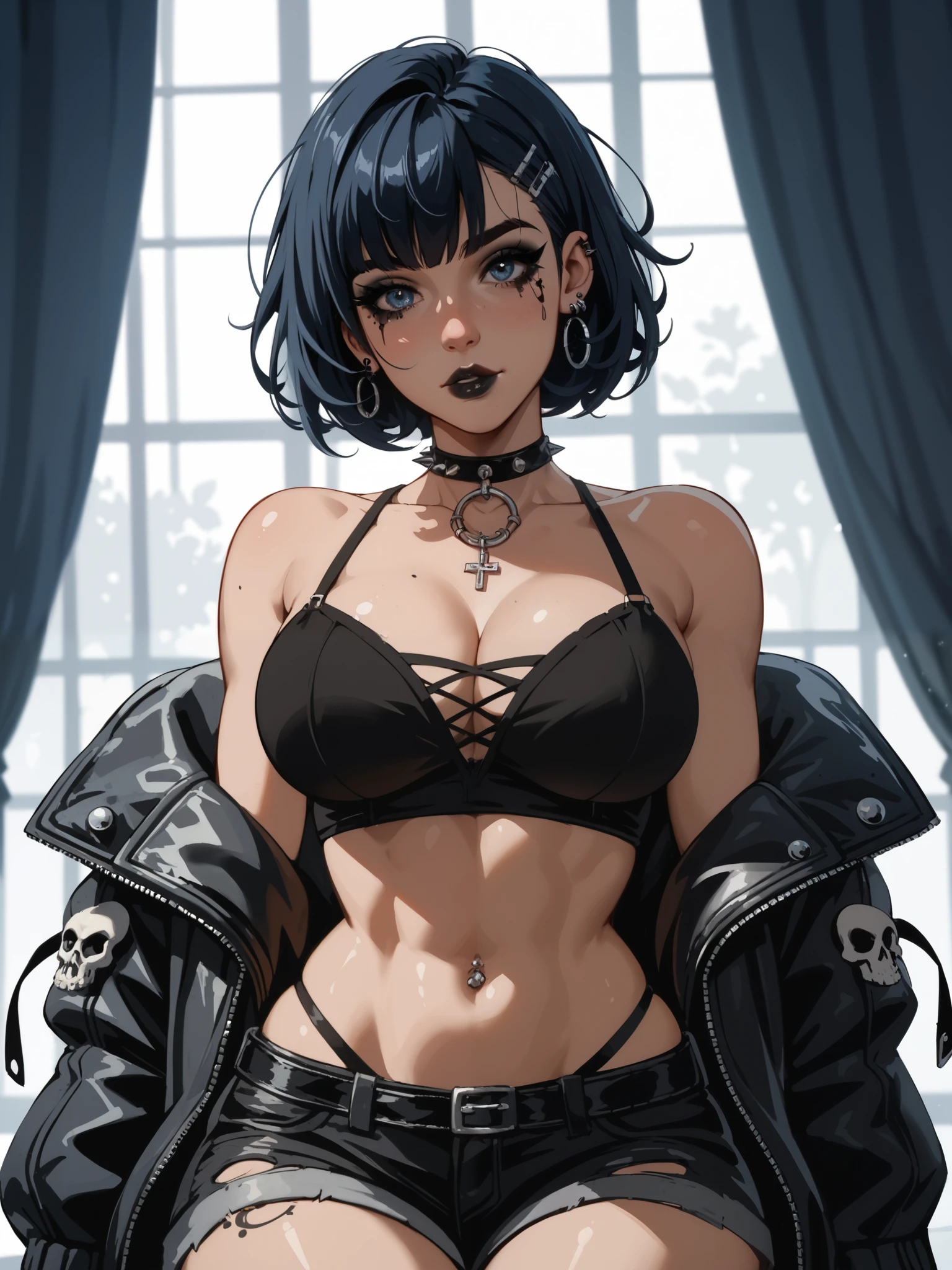 best quality , extreme Detail, young woman, emo, goth girl, black makeup , black short wild hair, cute face, wild look, big breasts , (H80 ), (wide hips), young woman ist schlank, young woman schaut Beobachter an, young woman trägt ein Enges Schwarzes Sexy Korsett, young woman steht alleine im Keller, young woman Posiert Sexy,