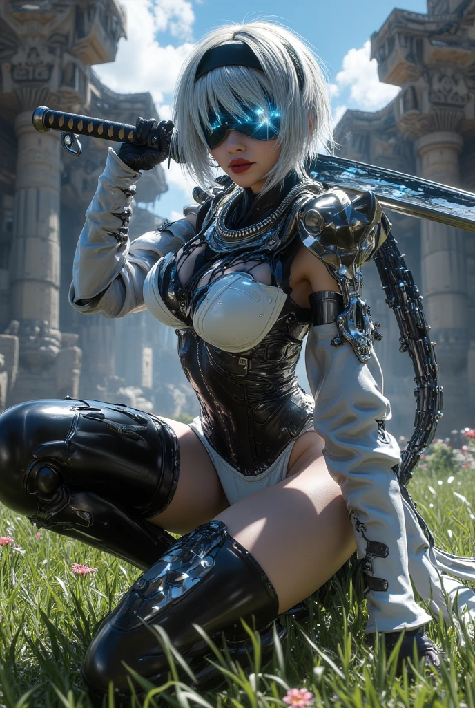 (best quality,4k,8k,highres,masterpiece:1.37),pixel art,(aerial view),(top down perspective),lora:more_details:1,(the focal point is one humanoid character carefully pulling a video game cartridge out of a futuristic treasure chest full of retro video game cartridges:1.6), (Futuristic treasure box), (The woman is looking inside the treasure box:1.7), (The scene unfolds inside a mystic cavern:1.4), mecha, (dramatic angle:1.4), (The woman has short platinum hair:1.6), (fantasy and sci-fi mixed:1.5), holographic glitch effects floats around the woman, vibrant colors, (A purple glow emanates from inside the treasure chest), glowing lights, (abandoned machinery), (there are old video game cartridges and consoles on the background), mystical creatures, pixelated details, (crystal formations spreading on the environment), (futuristic technology), (ancient artifacts), mystical energy, vibrant retro aesthetic, atmospheric lighting, hidden passages, ancient ruins, mysterious symbols, shimmering water, lush vegetation, interdimensional portals, ethereal music, nostalgic atmosphere, immersive storytelling, epic adventure, delightful surprises.
