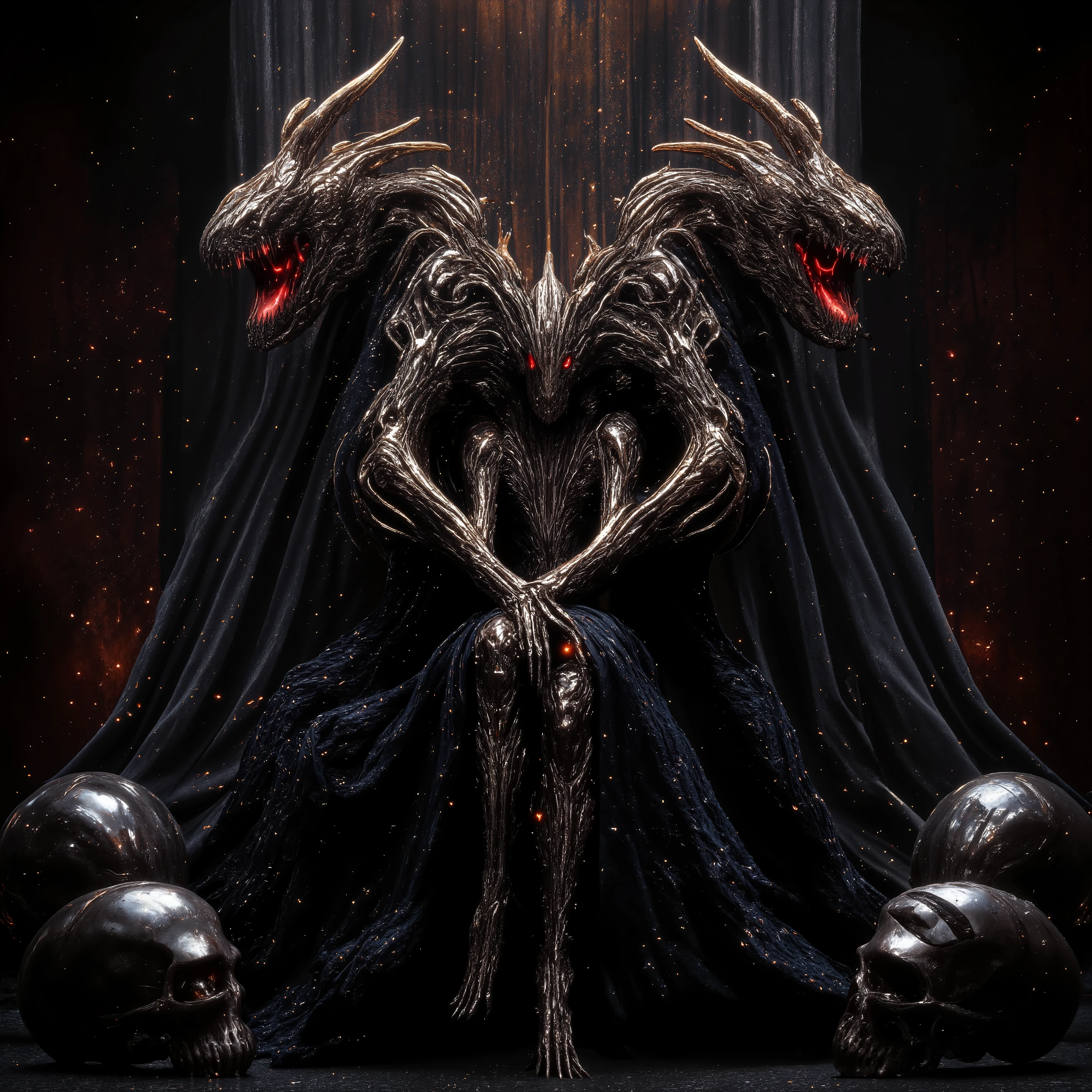twin seperate head huge wasp expanding in beautiful galaxy . (Beautiful and intelligent insect queen in the center,crazy , glowing red eyes , noble dress , , attractive pose , sparkling body with exoskeleton , sits down and looks down the spectator from the luxurious black throne, super arrogant and pompous attitude , open-mouthed insect ).  surrounded by small skulls, beautiful galaxy .