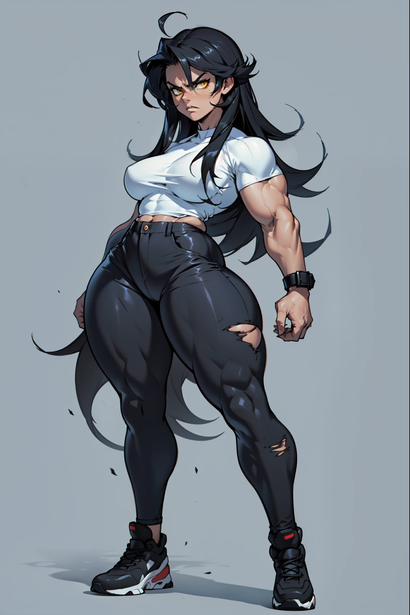 ((grey background)), solo, ((((1 girl)))), very long hair, black hair, angry, yellow eyes, ((((((muscular)))))), (((huge tits))), (((thick thighs))), (((wide hips))), (full body), pale skin, (tight shirt), (tight pants), standing
