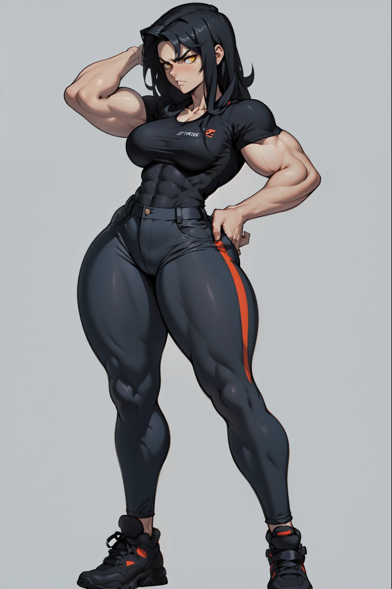 solo standing skintight ((muscular girl perfect anatomy)) toned body massive breasts yellow eyes black hair pale skin