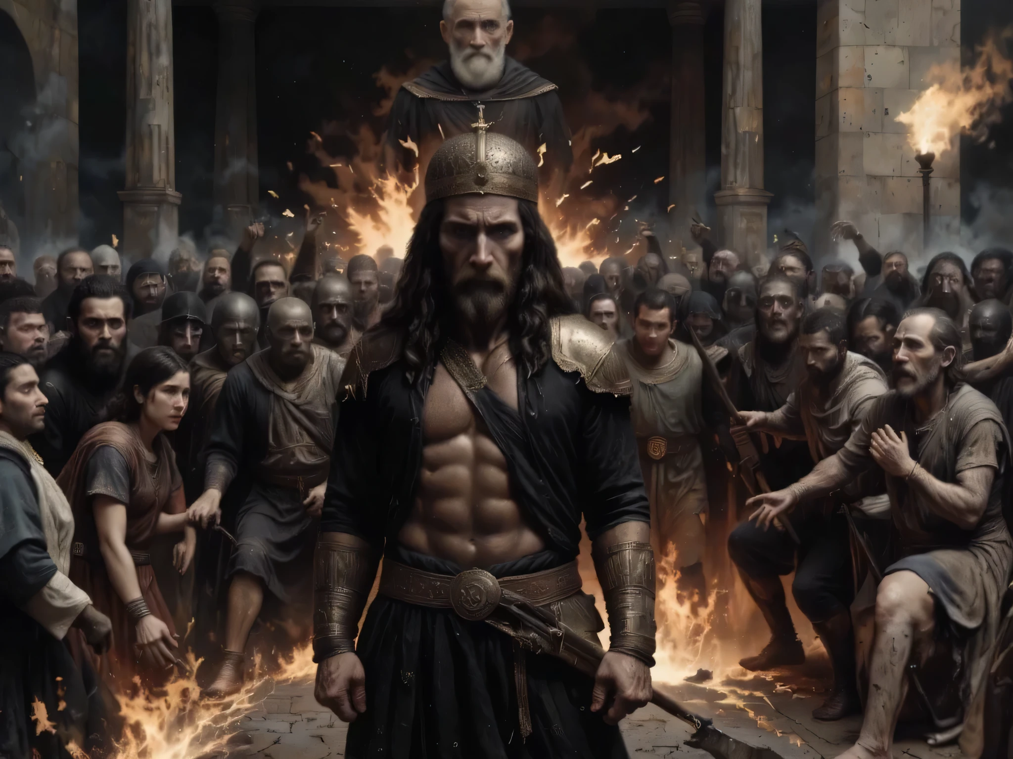 "A realistic scene of an angry mob confronting King Minos of Greece. King Minos stands at the top of the image, imposing in his position, wearing the clothes and crown that reflect his royal status. Below, in front of the king, is an angry mob, their expressions of anger and discontent clearly visible. The mob is made up of men and women, each with a defiant stance and attitude. The setting is dramatic and tense, capturing the conflict and emotion of the situation. The realistic lighting highlights the details of the people's clothing and expressions, making the scene even more vivid and immersive."