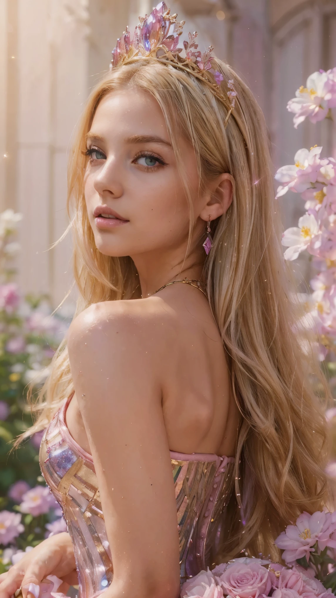 (((highest quality, 8k, masterpiece: 1.3)), ((highest quality)), ((masterpiece)), (detailed), Perfect Face, sexy, Princess, fantasy heroine, tiara, scepter, blonde hair, gradient hair, Hair with a gradation from gold to pink, sparkle, reflection light, Surrounded by colorful flowers